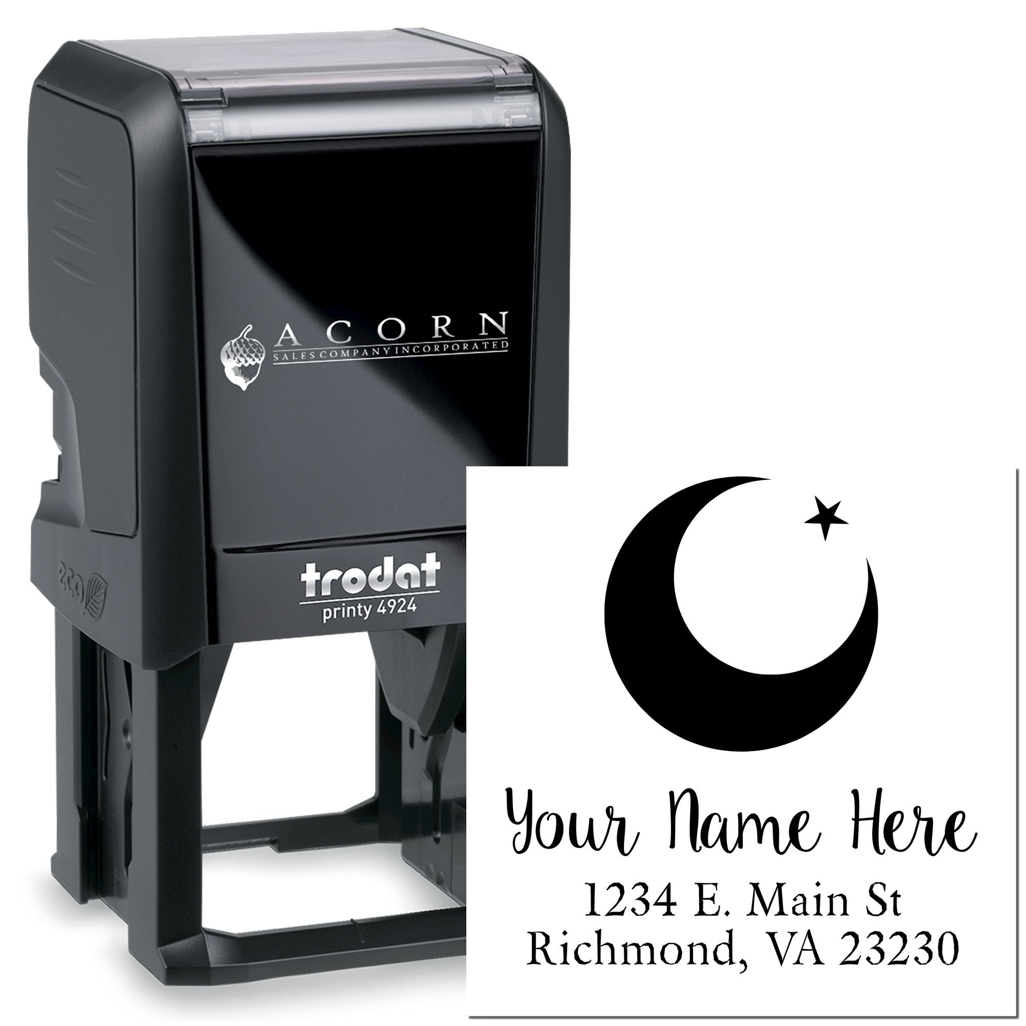 Custom self-inking rubber stamp with moon and star design, personalized name and address, Trodat Printy 4924.