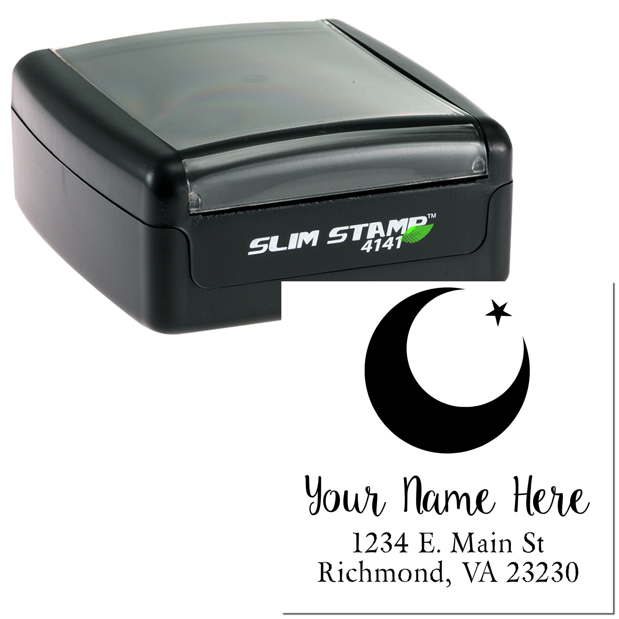 Self-inking rubber address stamp with moon and star design, personalized return address stamp for envelopes and cards.