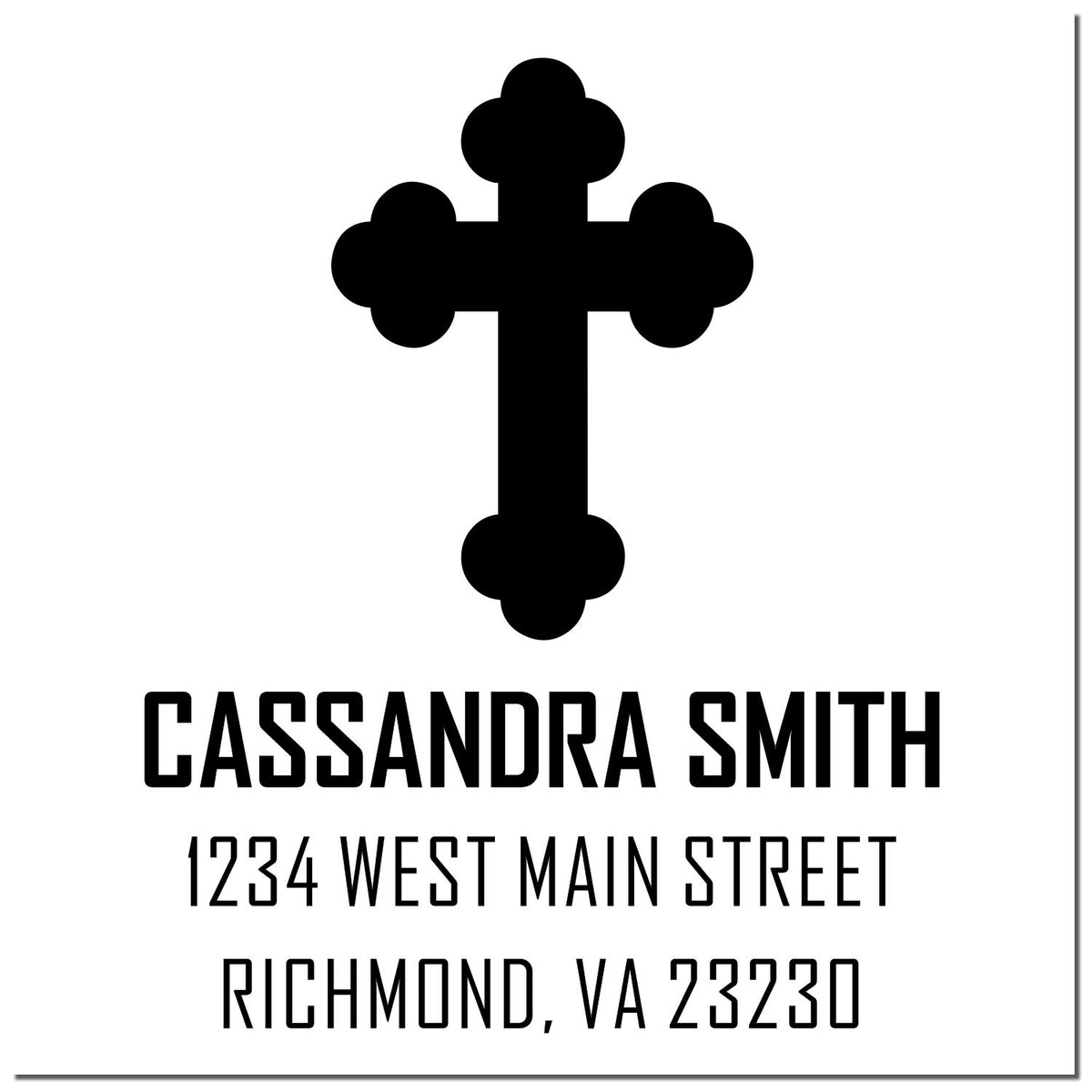 Custom Christian cross return address rubber stamp for Cassandra Smith, 1234 West Main Street, Richmond, VA 23230.