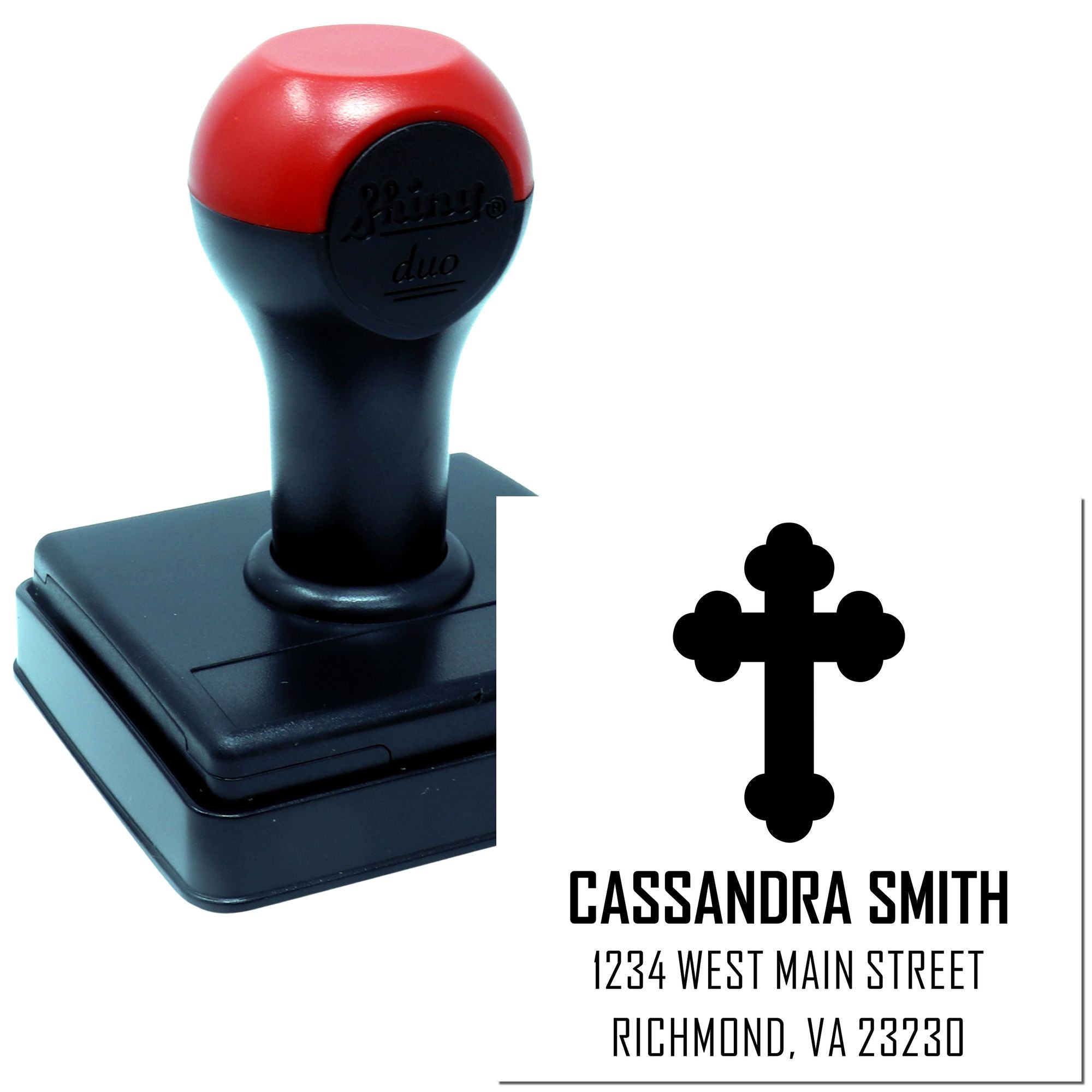 Custom self-inking rubber stamp showing a cross logo and personalized return address for mailing and branding.
