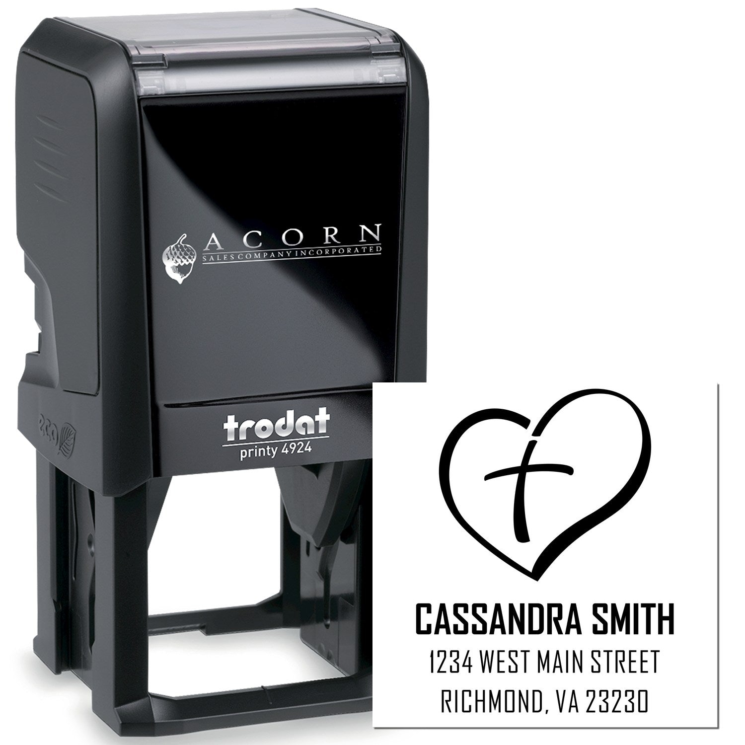 Custom self-inking rubber stamp with heart logo, name, and address; Trodat Printy 4924 for personalized return address stamping.