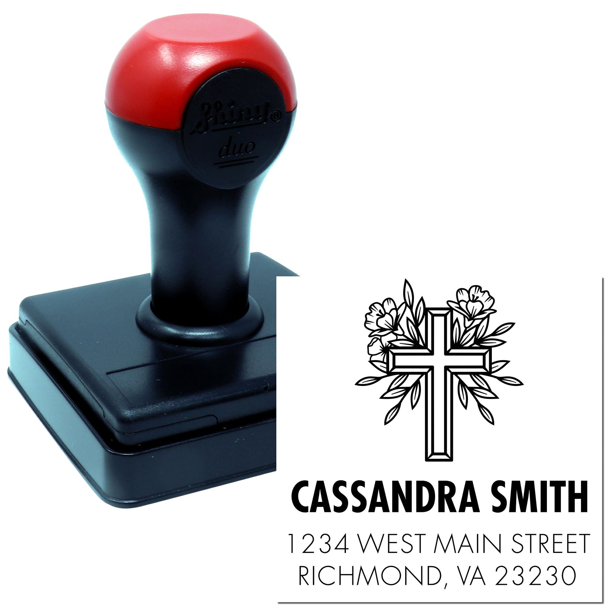 Custom self-inking rubber stamp with floral cross design for Cassandra Smith return address.
