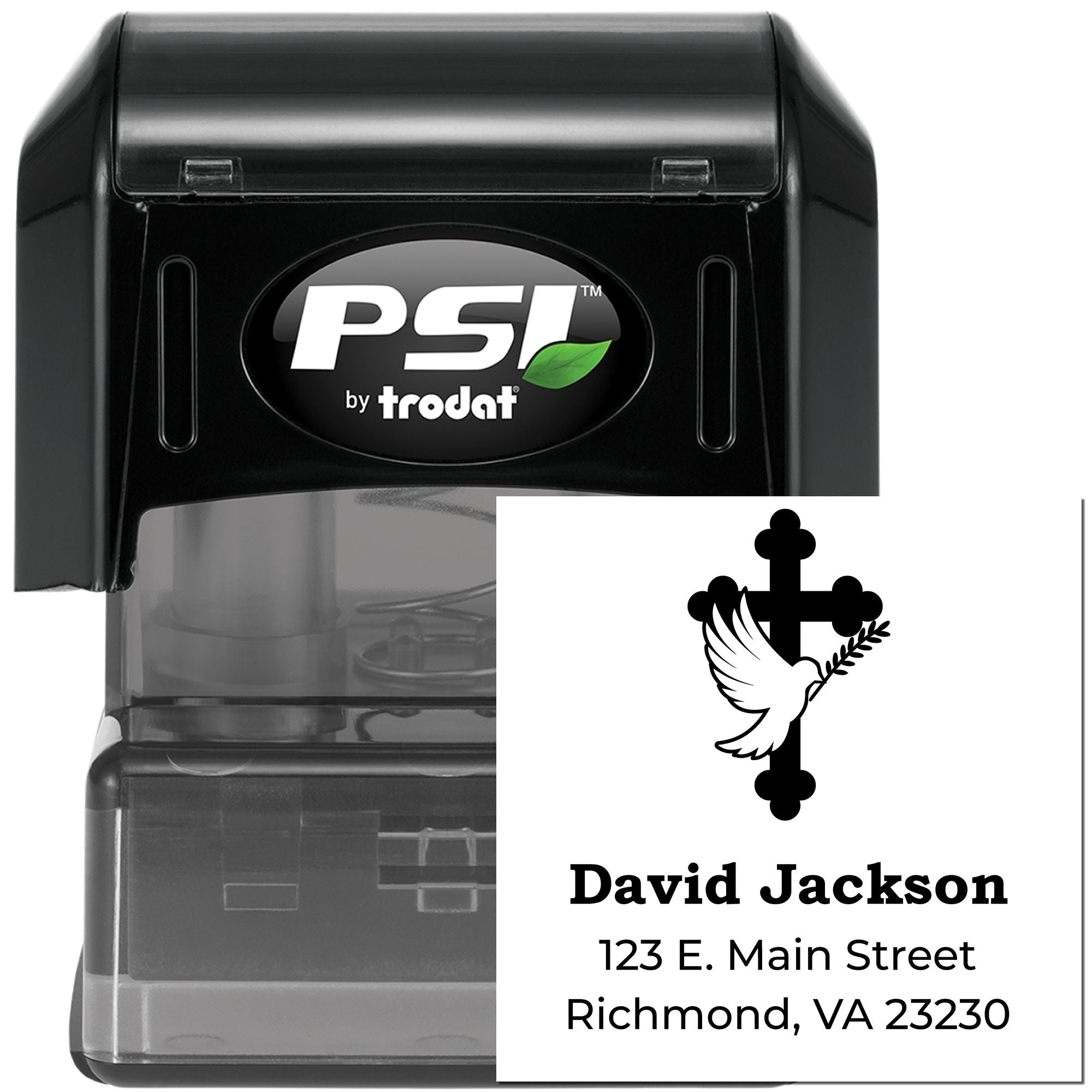 PSI by Trodat self-inking address stamp with custom church return address, dove and cross logo.