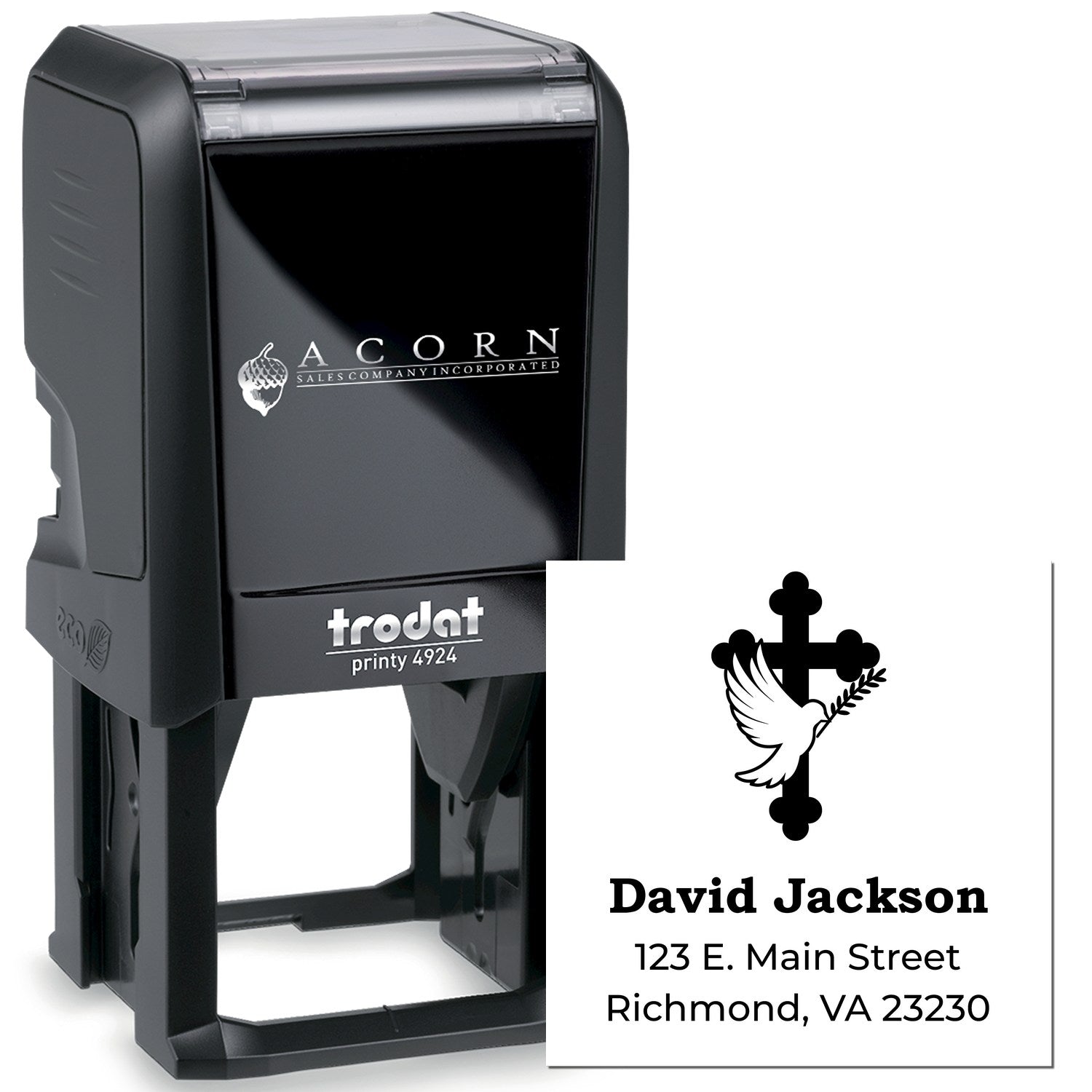 Custom self-inking rubber return address stamp with cross and dove design for personalized religious mailing