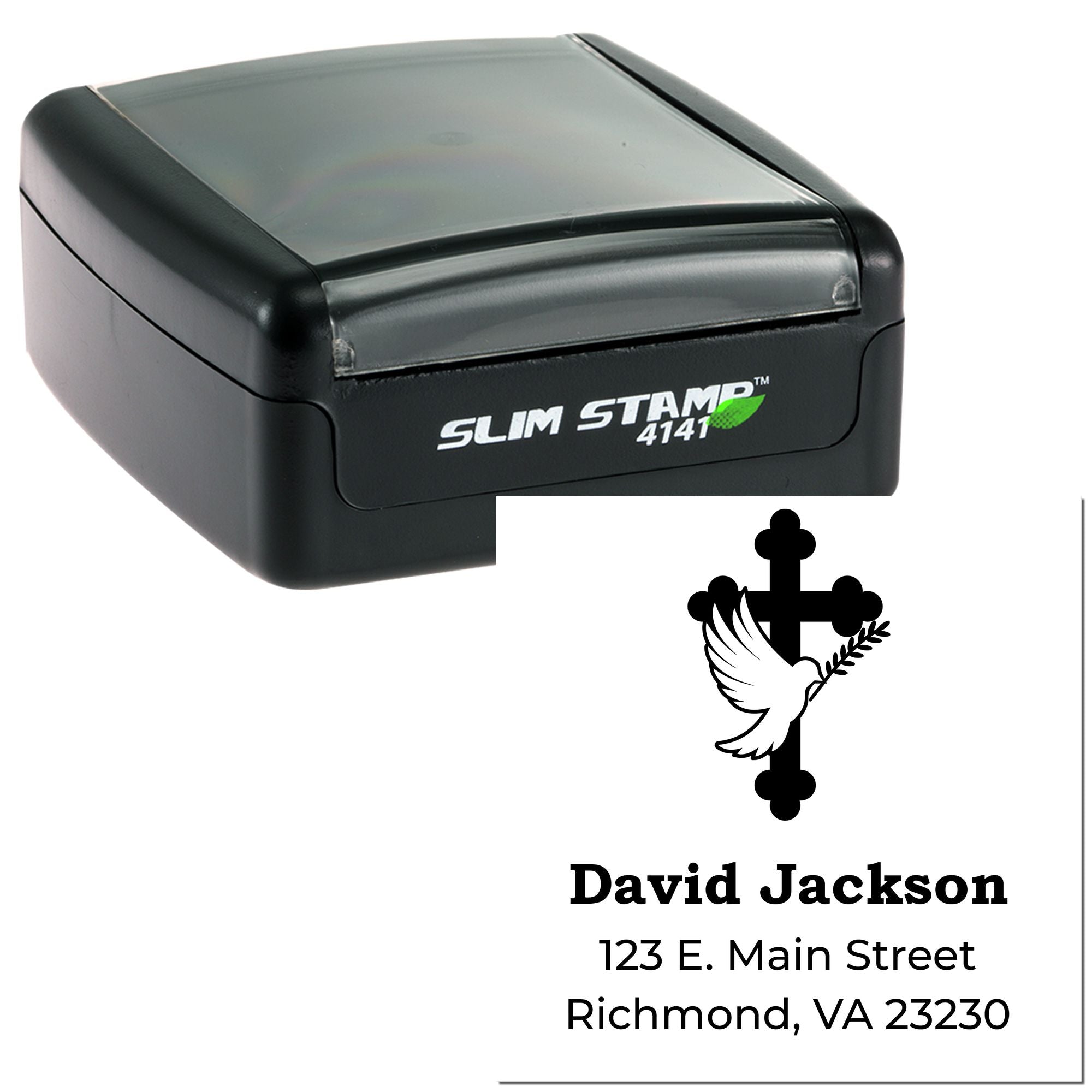 Custom self-inking address rubber stamp with Christian cross and dove for David Jackson, 123 E. Main St., Richmond, VA 23230