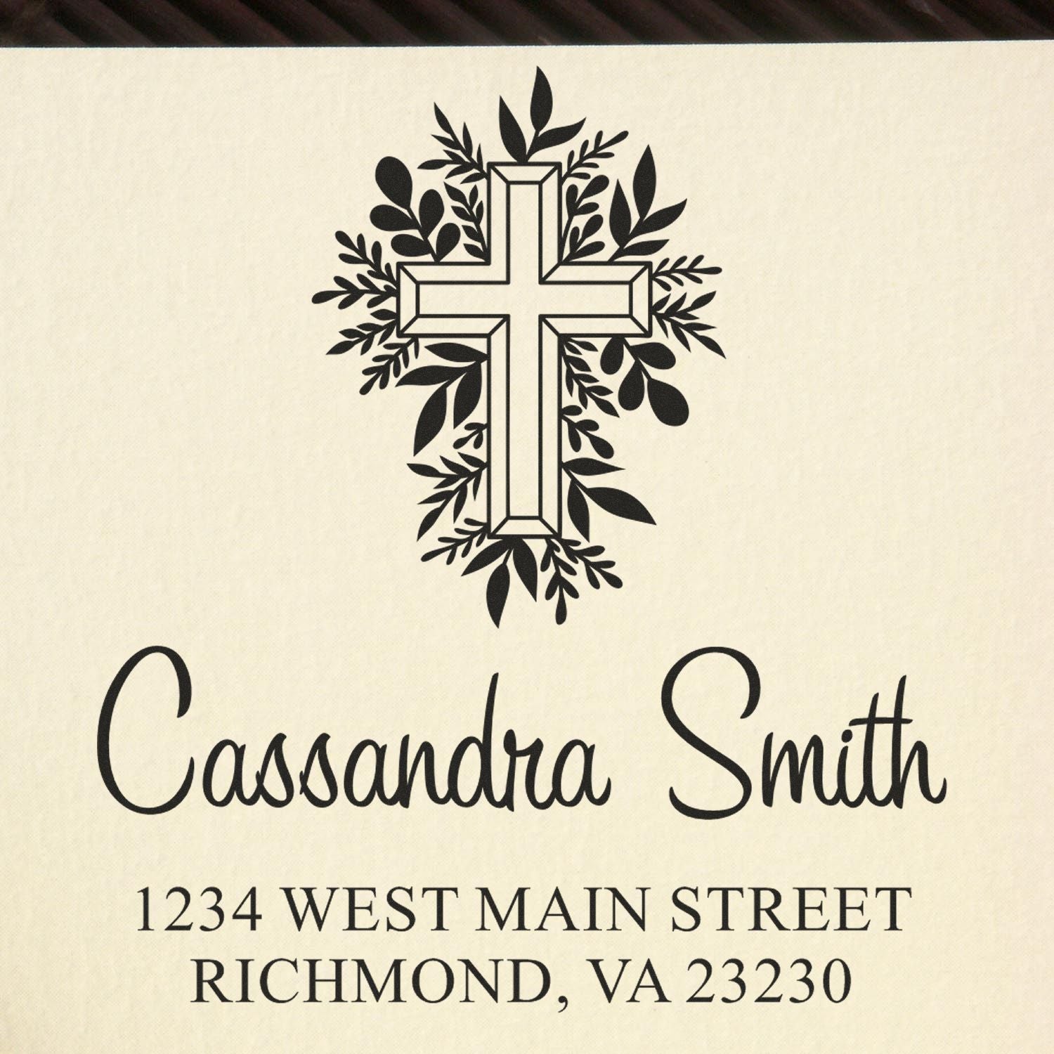 Custom return address rubber stamp with floral cross, featuring Cassandra Smith and Richmond, VA 23230.