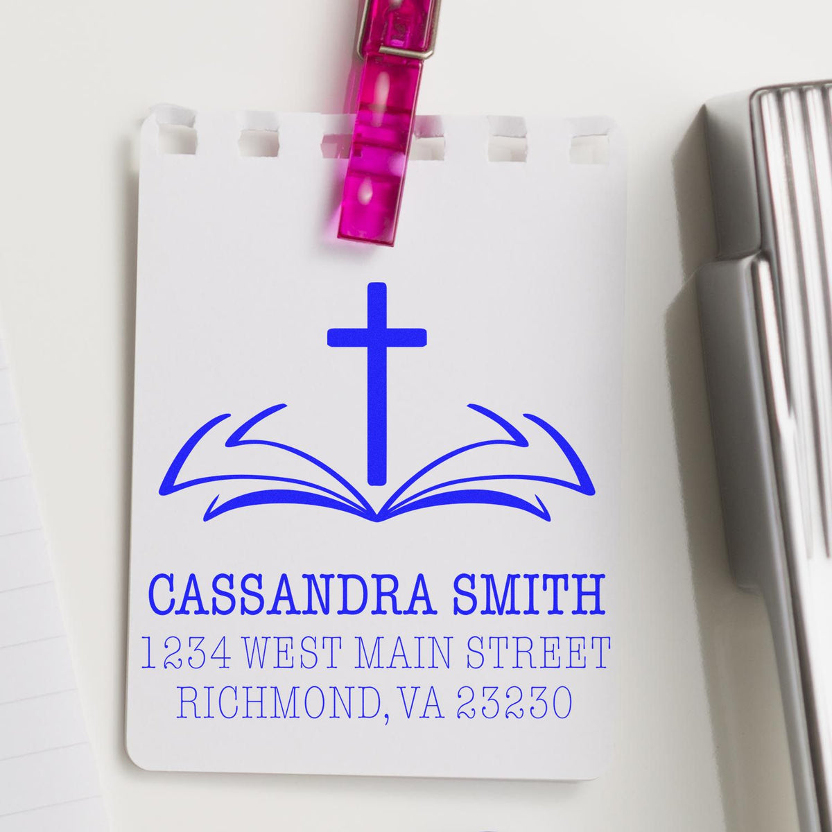 Custom church address rubber stamp with cross and open Bible design for personalized mailings by Cassandra Smith in Richmond, VA.