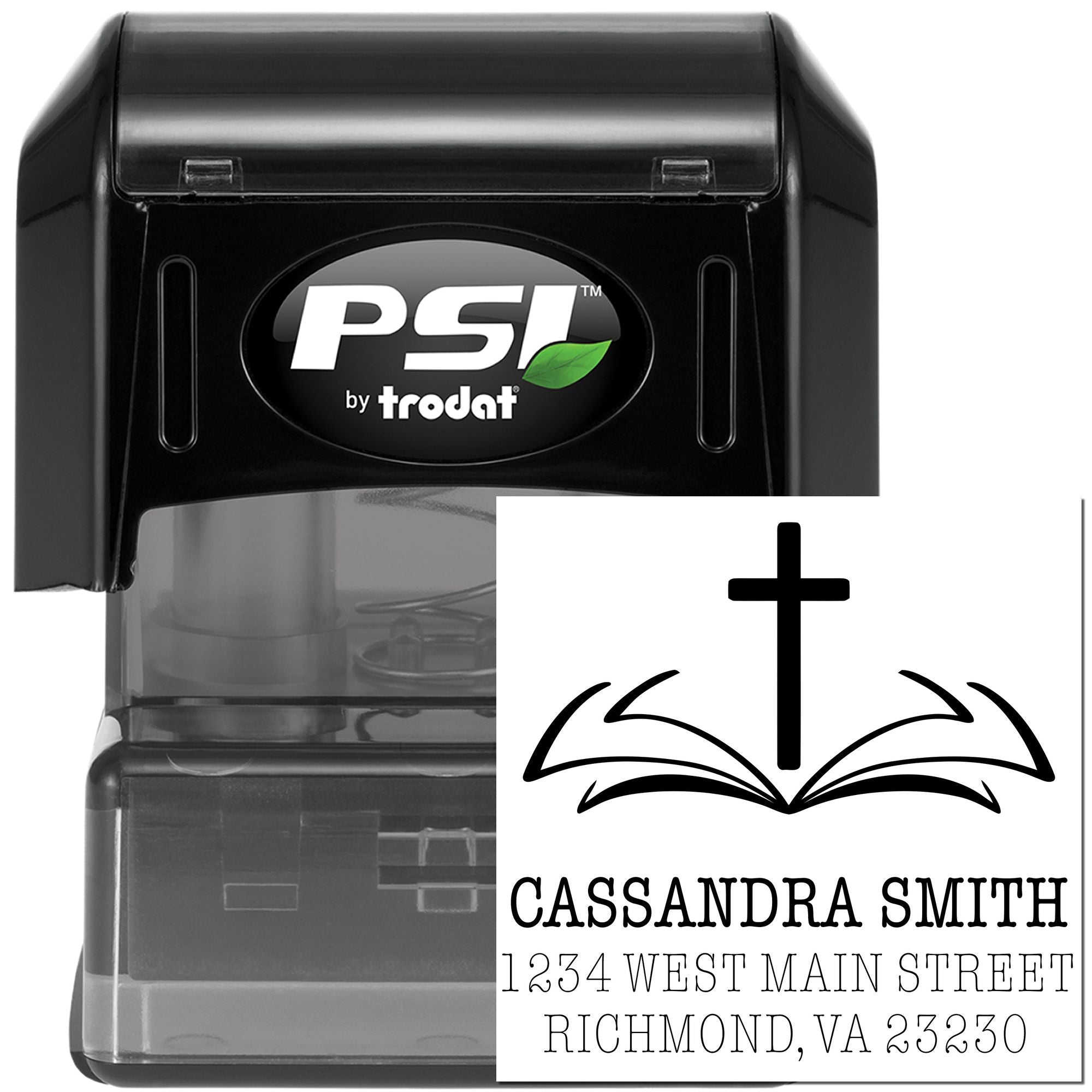 Personalized self-inking rubber address stamp with Christian cross and open Bible design for Cassandra Smith.