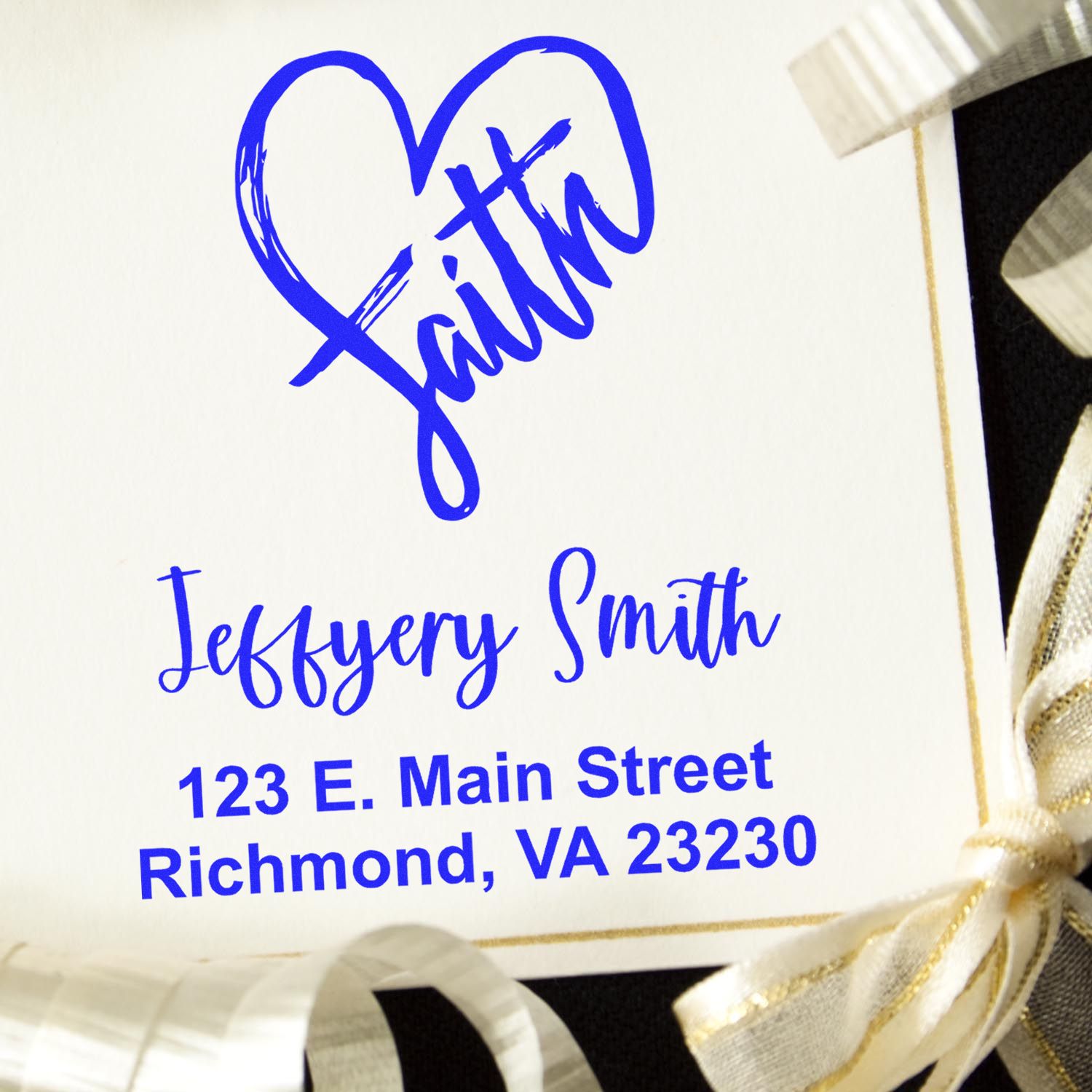 Custom return address rubber stamp with heart and Faith design for Jeffery Smith, Richmond, VA 23230.