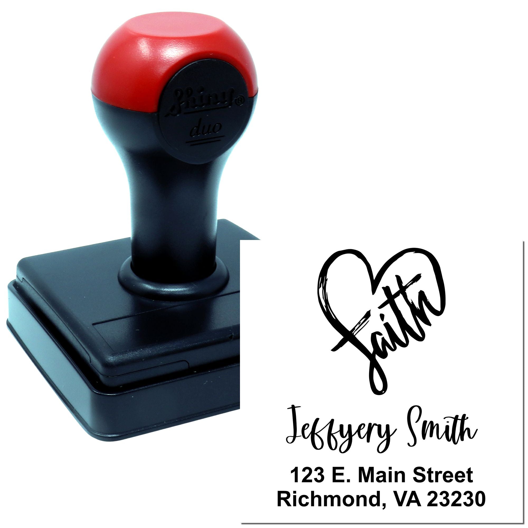 Custom self-inking address rubber stamp with Faith heart logo, name, and Richmond VA address for mailing use.