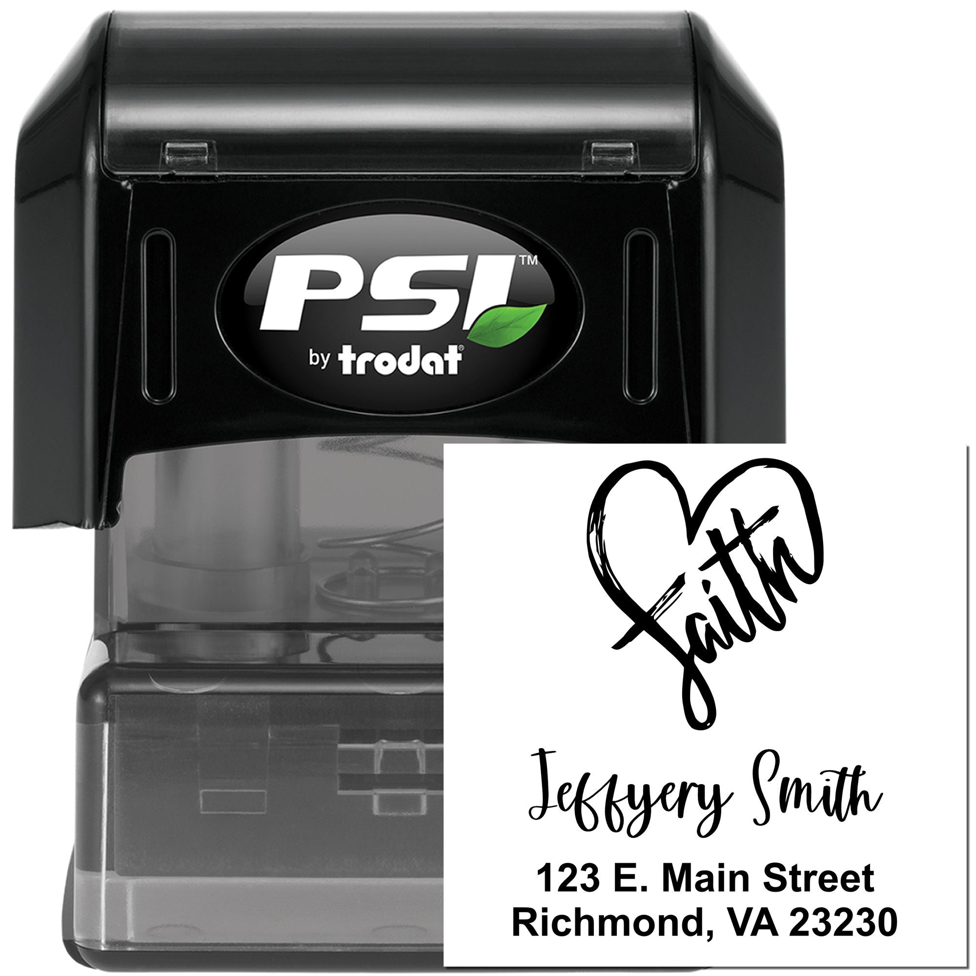 PSI by Trodat custom self-inking return address stamp with Faith heart design, name, and address.