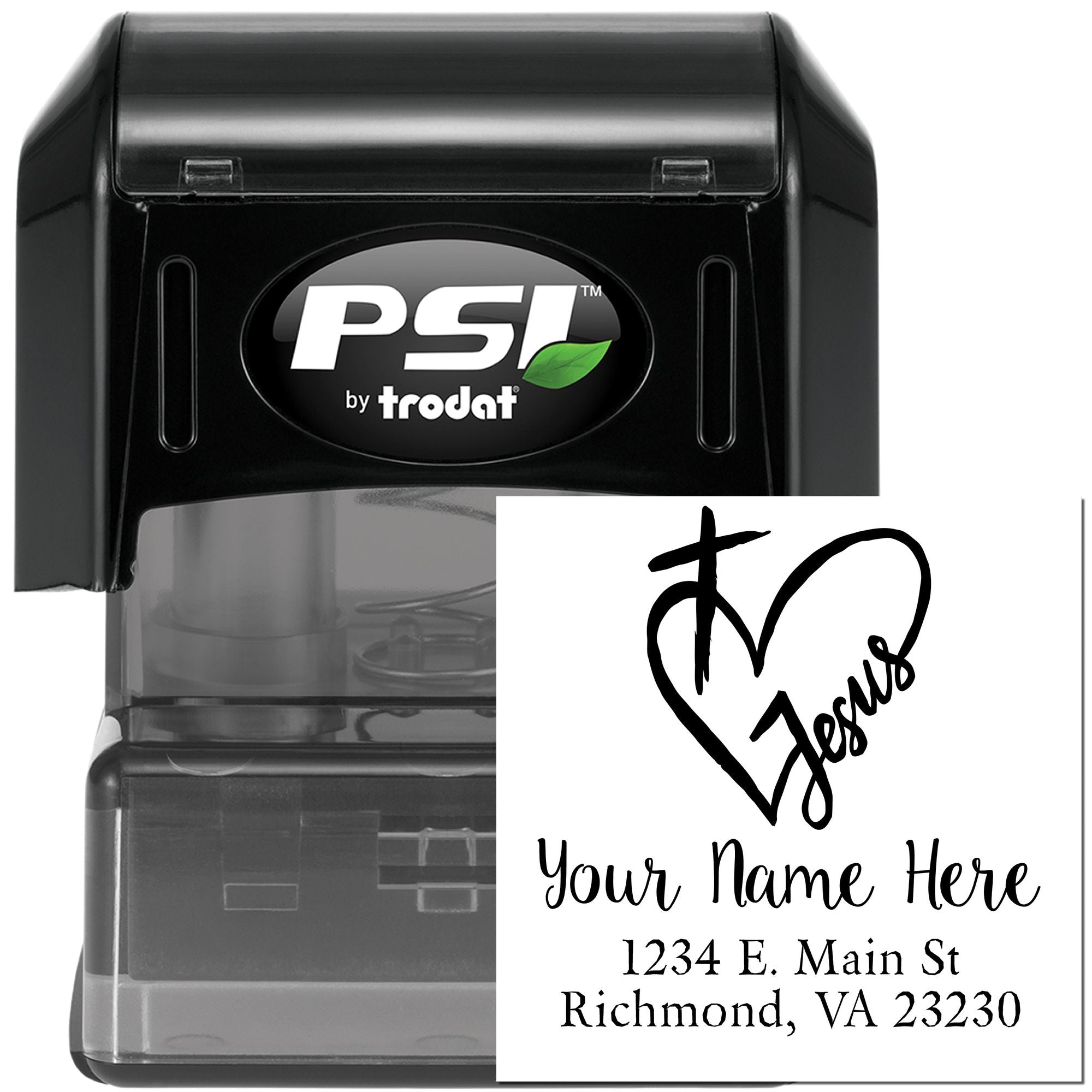 Custom self-inking rubber stamp by PSI Trodat with Christian cross design and return address for personalized mailing.