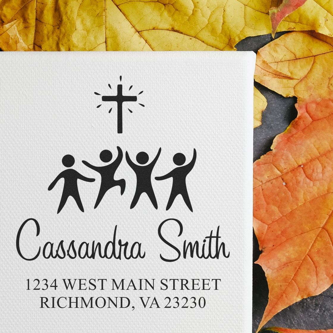 Custom Christian family address rubber stamp for Cassandra Smith with cross, family icon, and return address.