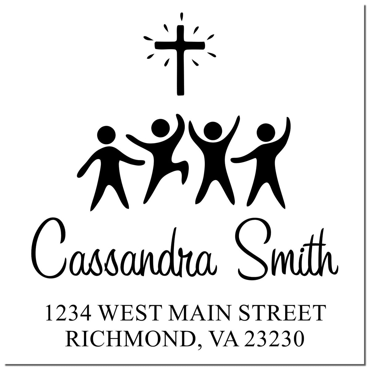 Custom Christian rubber stamp design with cross, praise figures, and Cassandra Smith return address for church mailings.