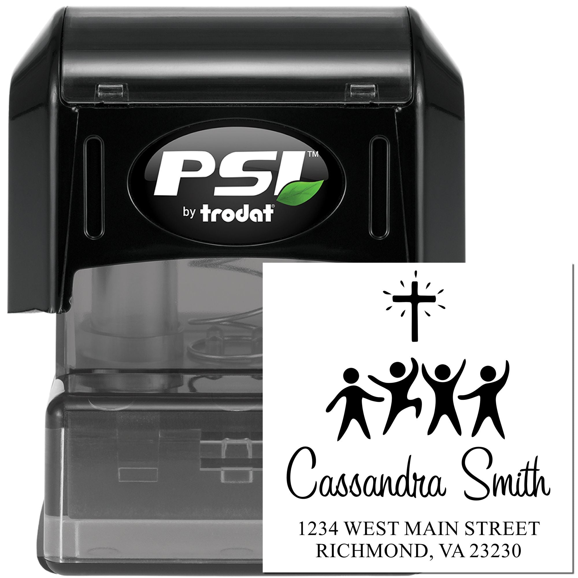 Custom self-inking rubber stamp with cross design and Cassandra Smith address for Christian stationery and mailing.
