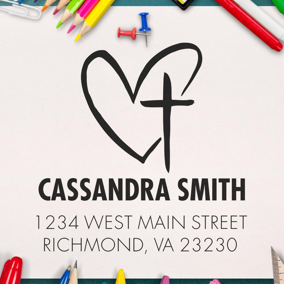 Custom rubber stamp with heart-cross logo, Cassandra Smith name, and Richmond VA address for personalized business mailings.