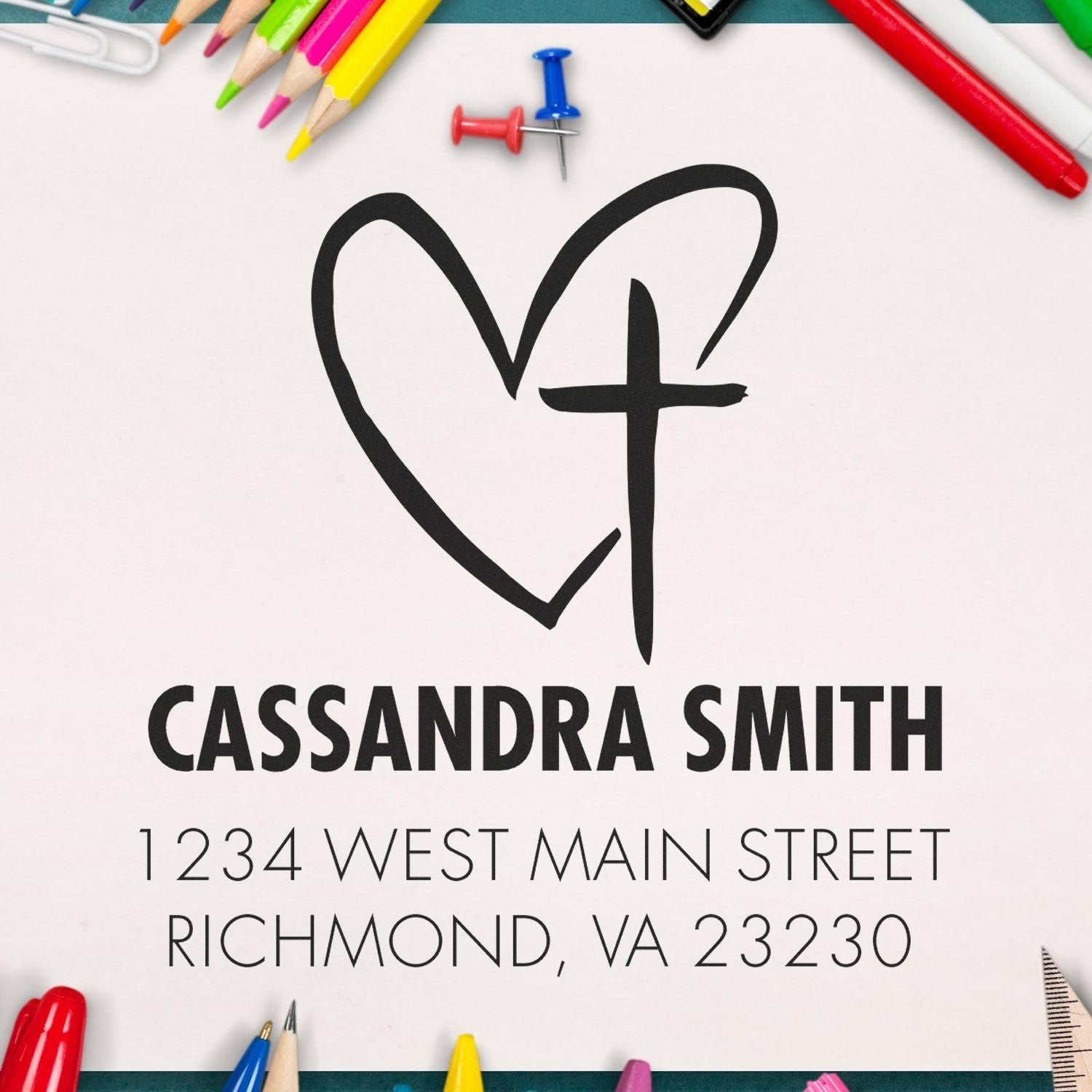 Custom rubber address stamp with heart cross design for Cassandra Smith, featuring name and Richmond, VA return address.