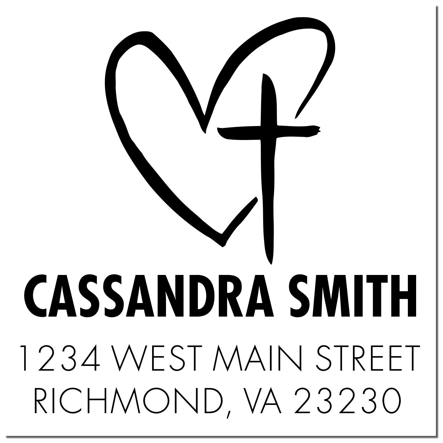 Custom heart and cross rubber address stamp for Cassandra Smith, 1234 West Main Street, Richmond, VA 23230.