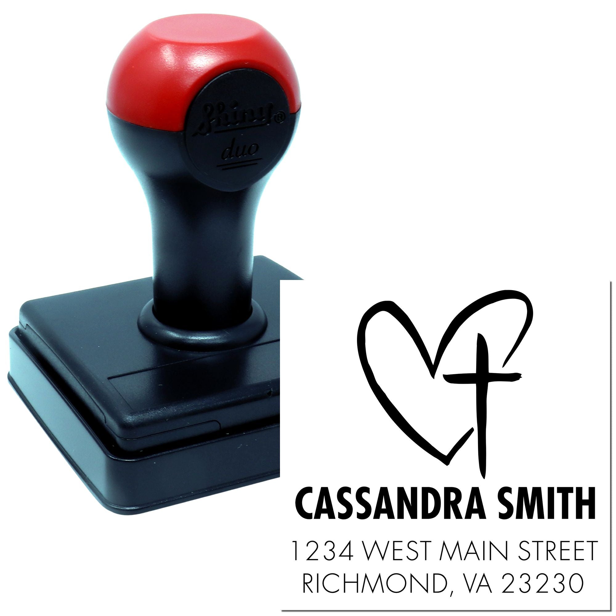 Custom self-inking rubber stamp for personalized address and logo imprint, featuring Cassandra Smith, Richmond, VA.