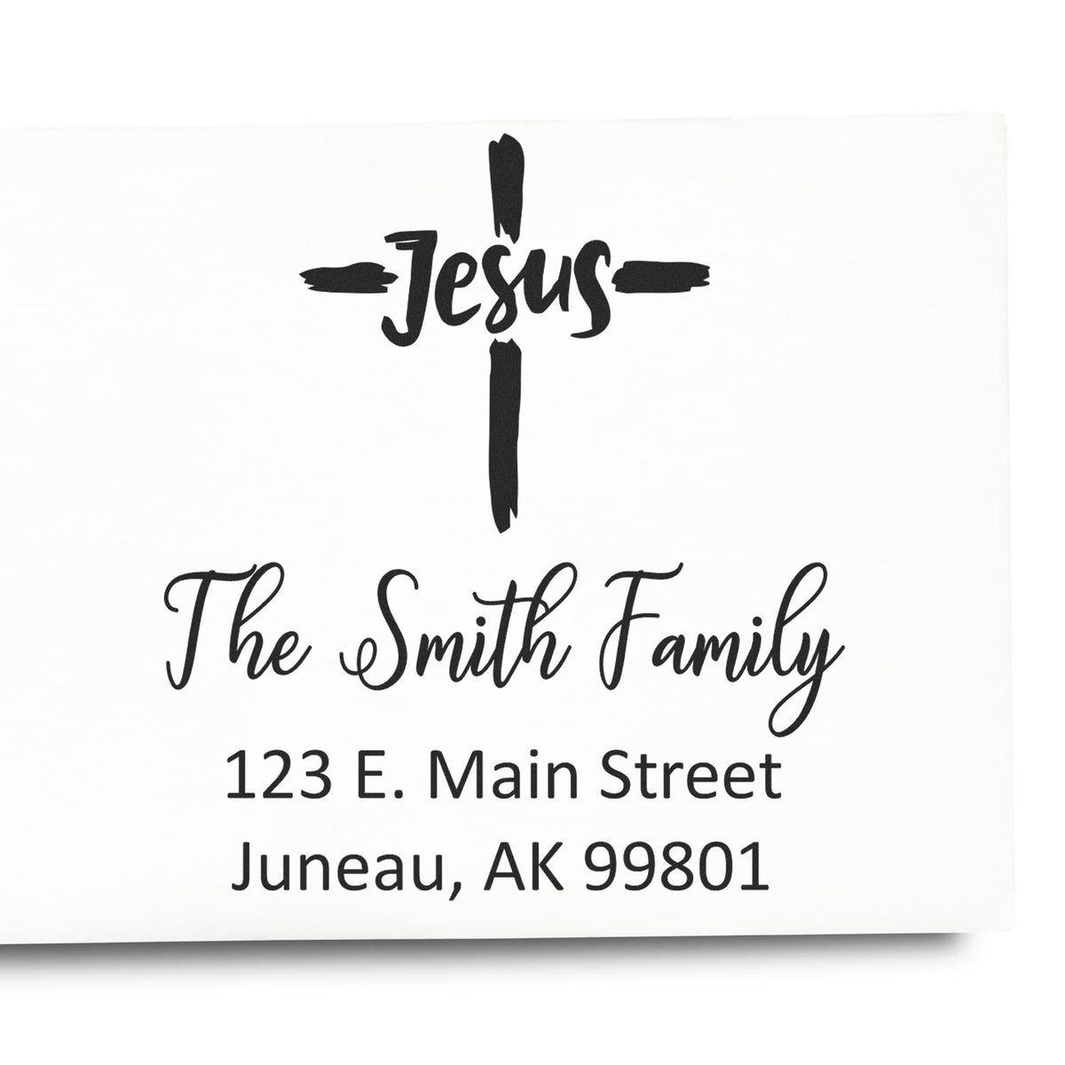 Custom Christian return address rubber stamp with cross, Jesus, The Smith Family, and Juneau, AK address.