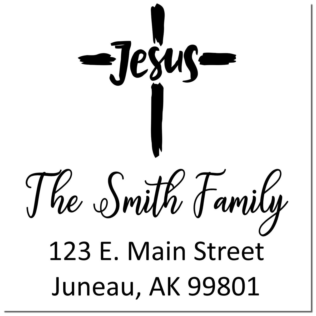 Custom Christian family address rubber stamp with cross, Jesus, The Smith Family, and Juneau, AK 99801