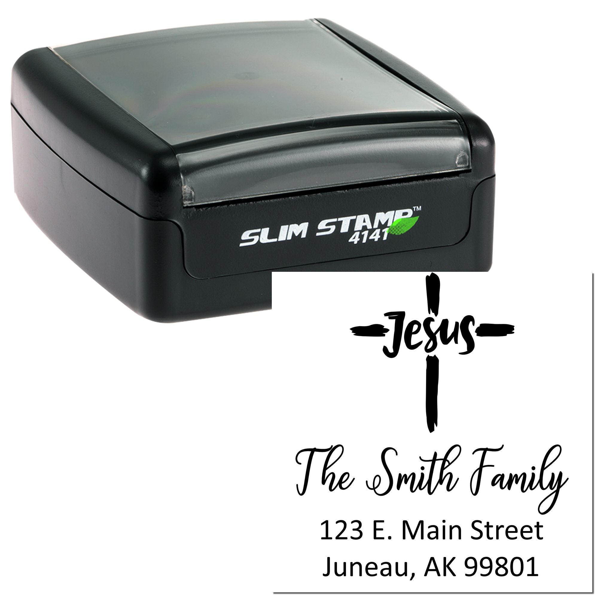 Slim Stamp 4141 custom self-inking address stamp with Jesus cross design for The Smith Family.