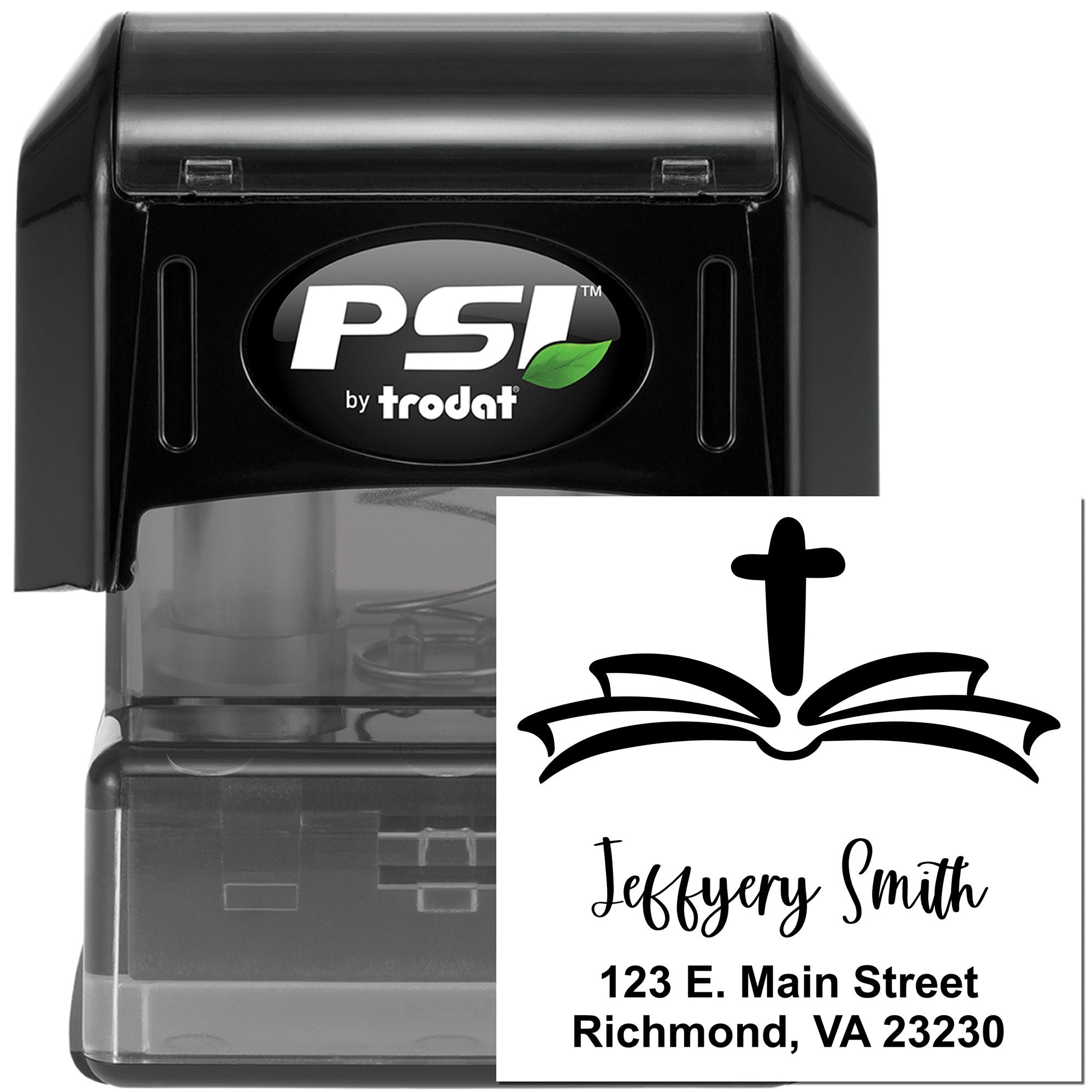 PSI by Trodat custom self-inking rubber address stamp with church book cross logo, Jeffery Smith, Richmond, VA 23230.