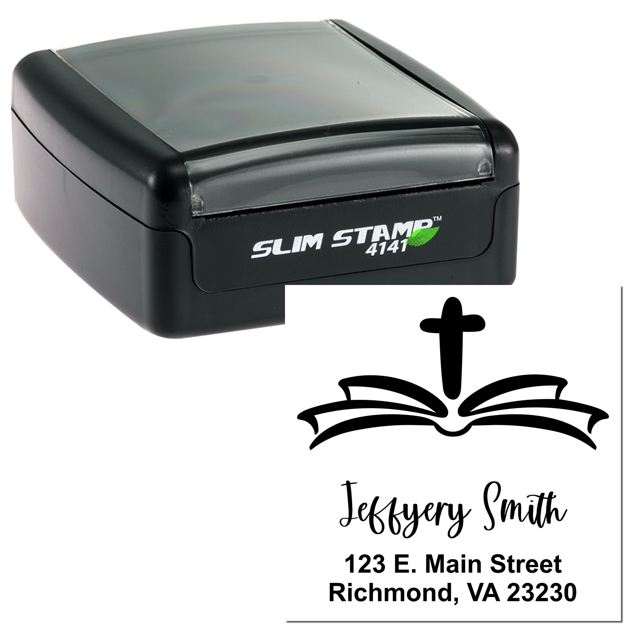 Custom Slim Stamp 4141 self-inking rubber address stamp with cross icon and personalized name-and-address imprint.