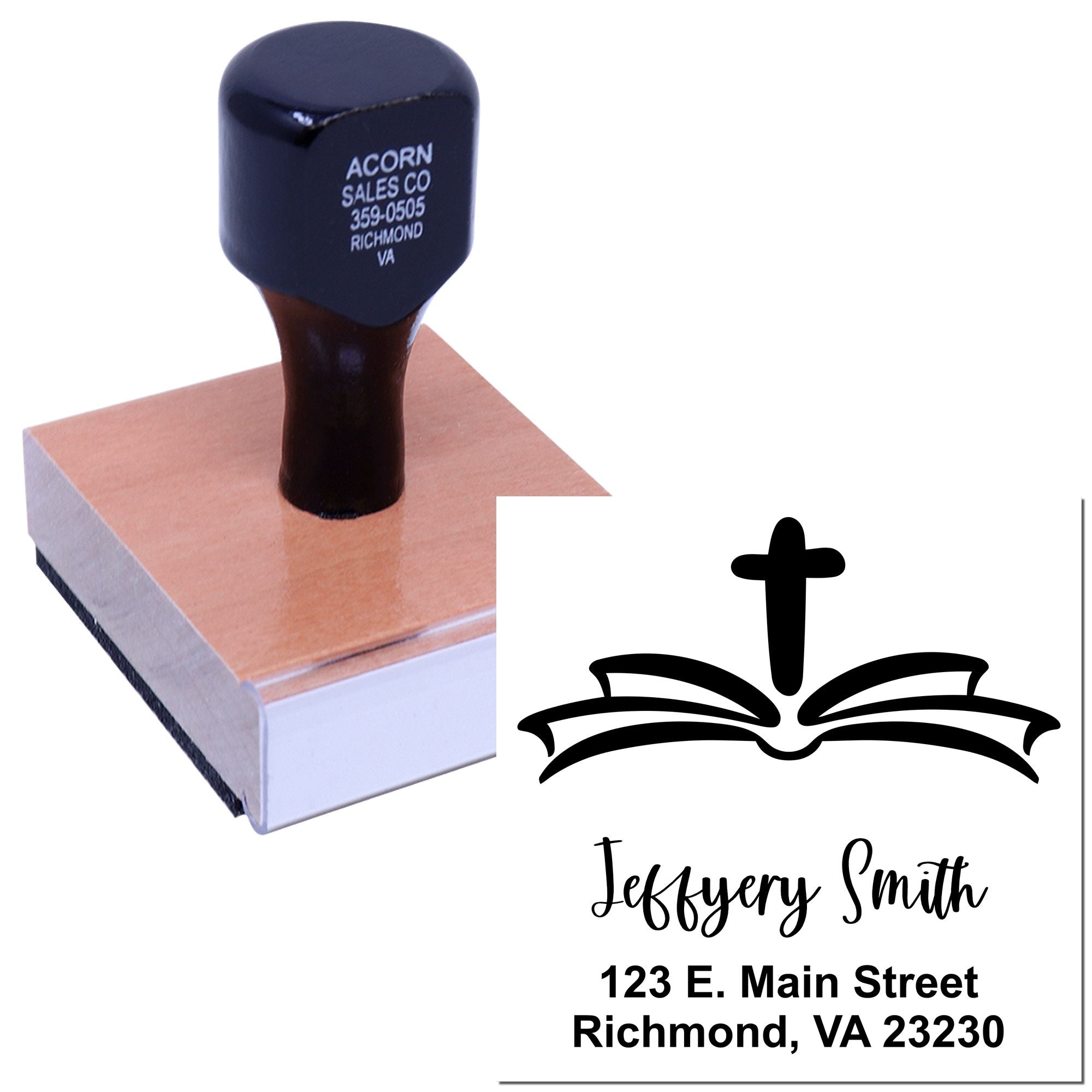 Personalized rubber stamp with cross and book logo, Jeffery Smith name, and Richmond, VA address.