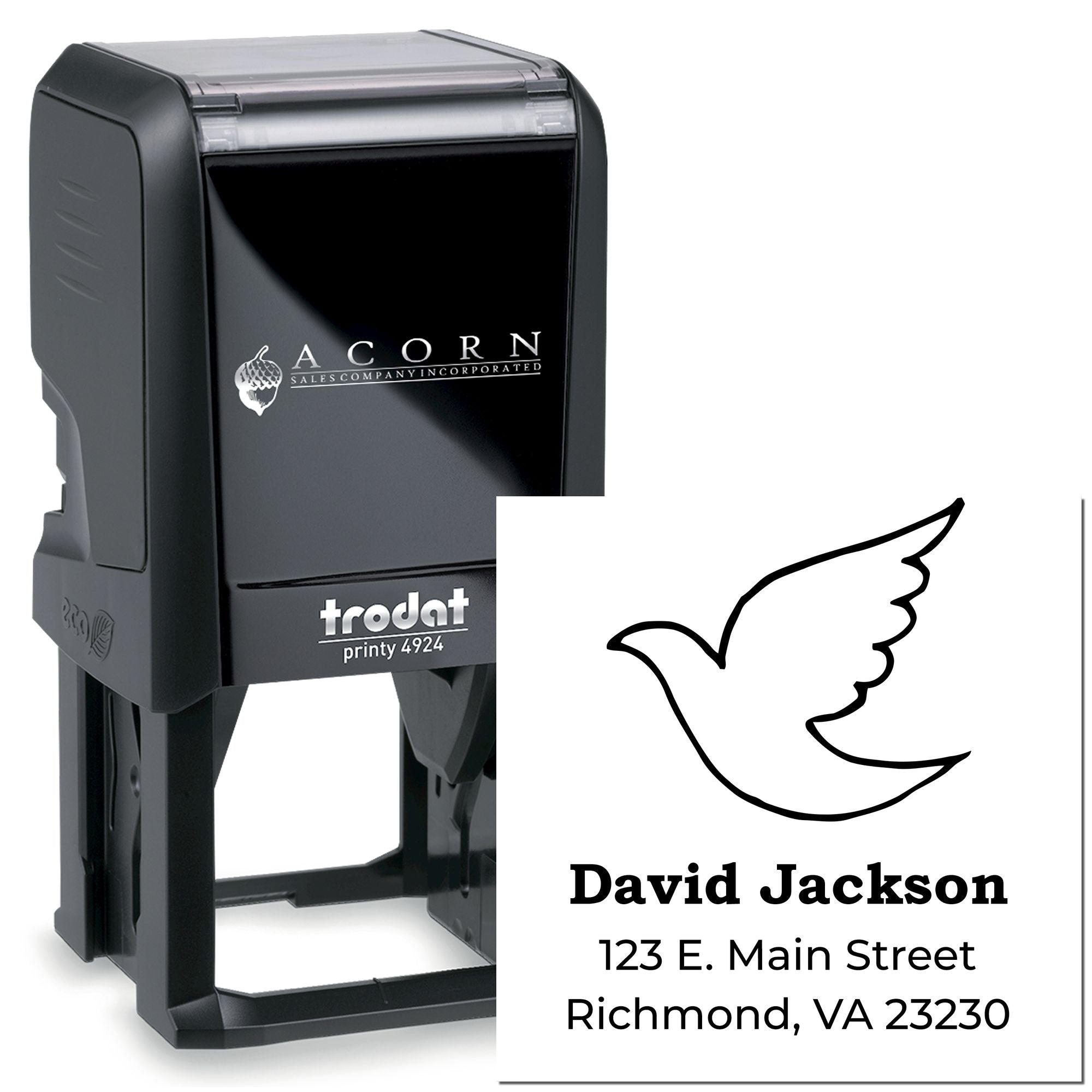 Custom self-inking rubber stamp with bird logo, David Jackson name, and Richmond, VA address.
