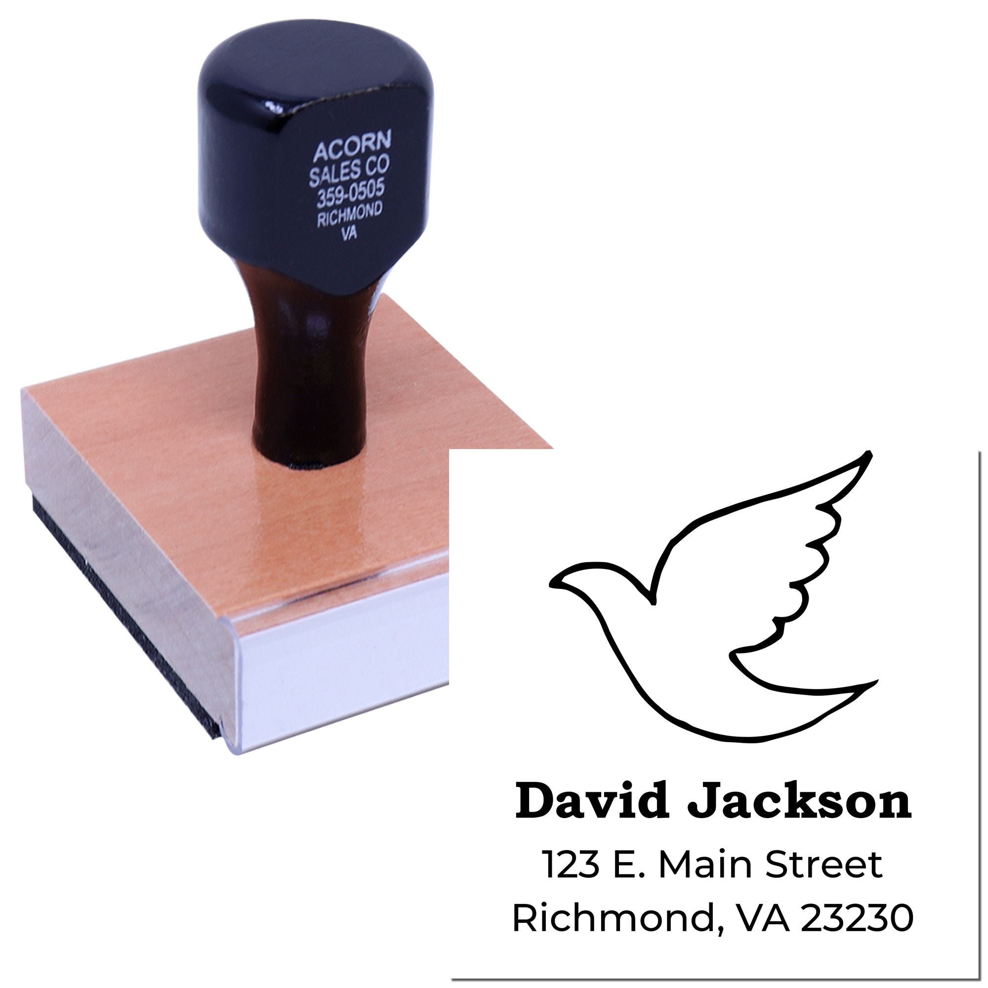 Custom rubber address stamp with bird logo, name, and Richmond, VA address for business mailings.
