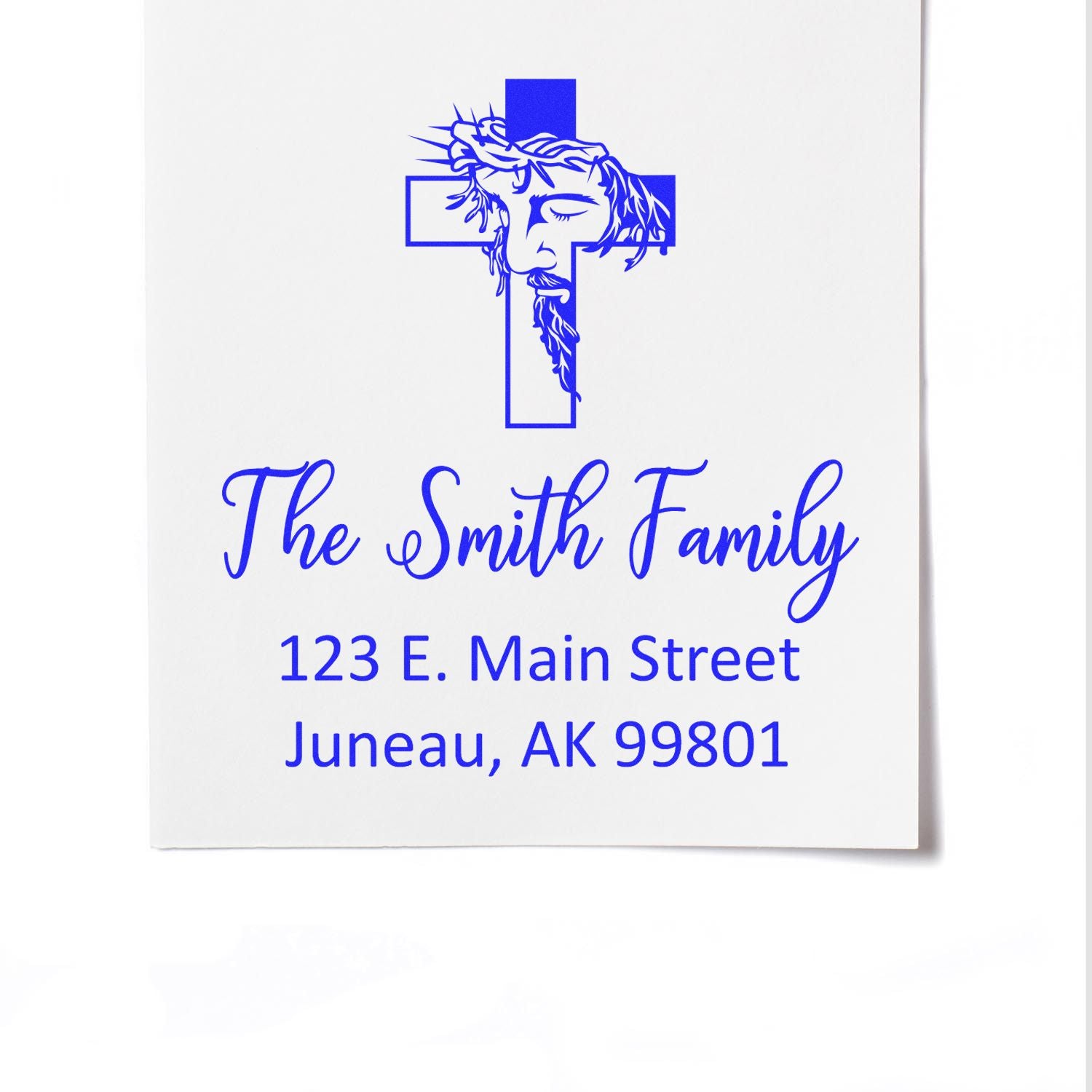 Custom Christian return address rubber stamp with cross and Jesus design for The Smith Family, Juneau, AK 99801