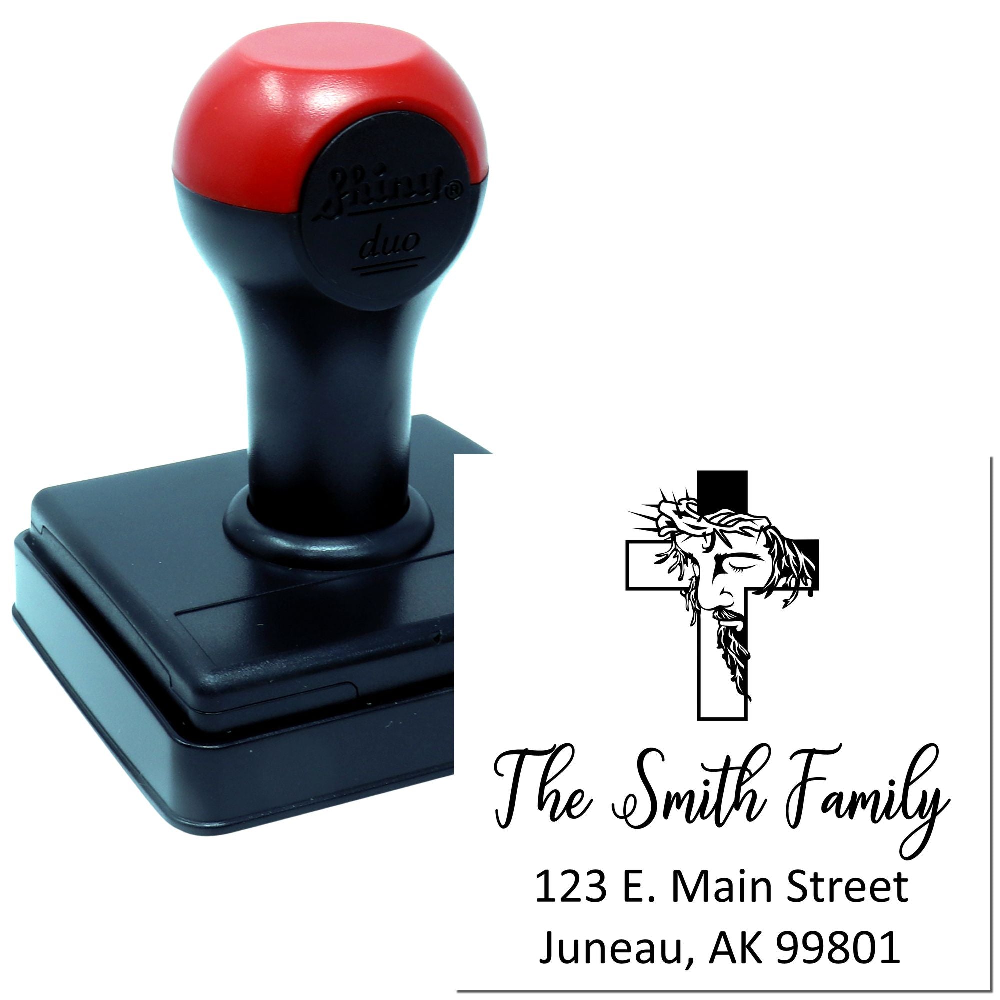Custom self-inking rubber stamp with The Smith Family return address and cross design for personalized mailing.
