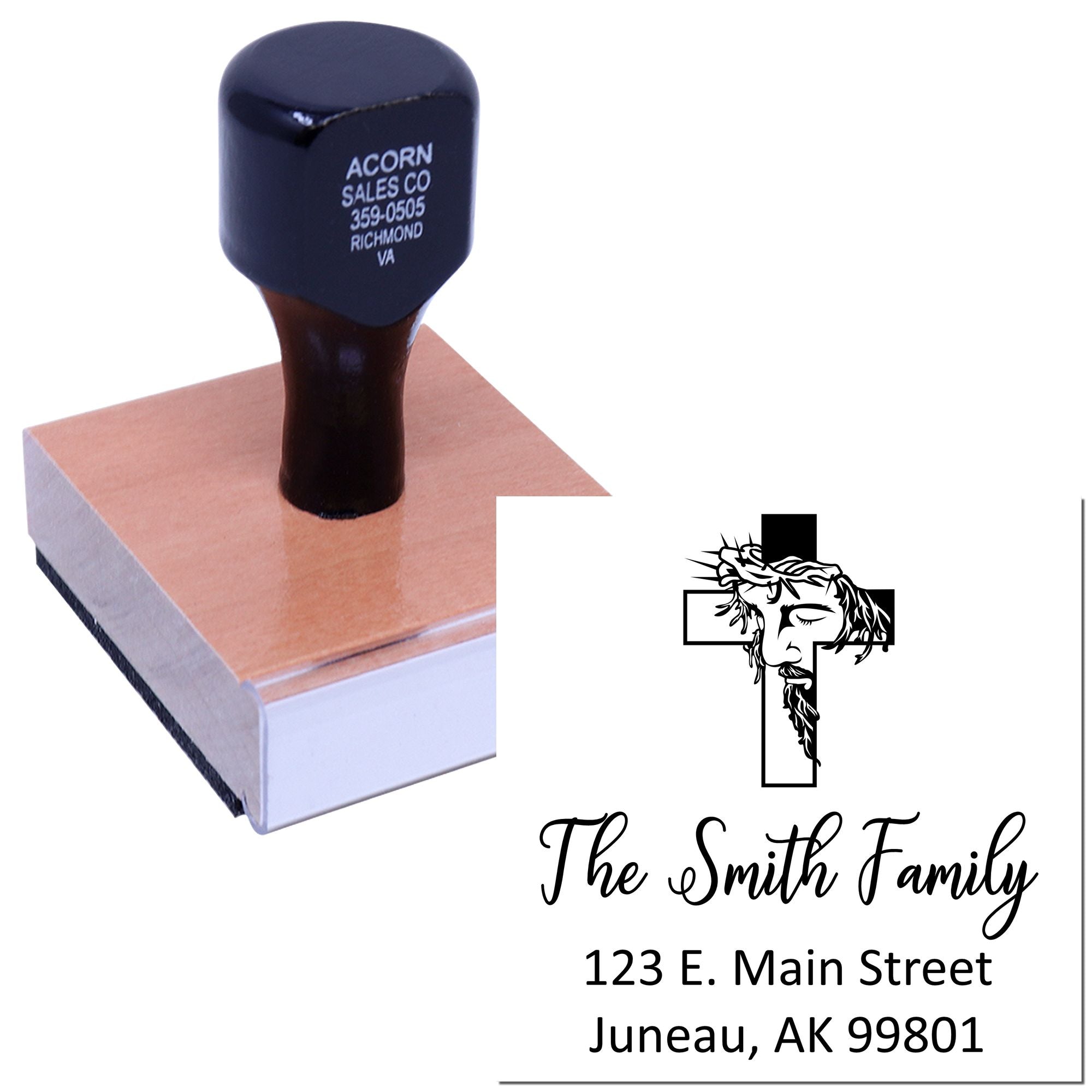 Custom rubber return address stamp with cross design, The Smith Family name, and Juneau, AK mailing address.