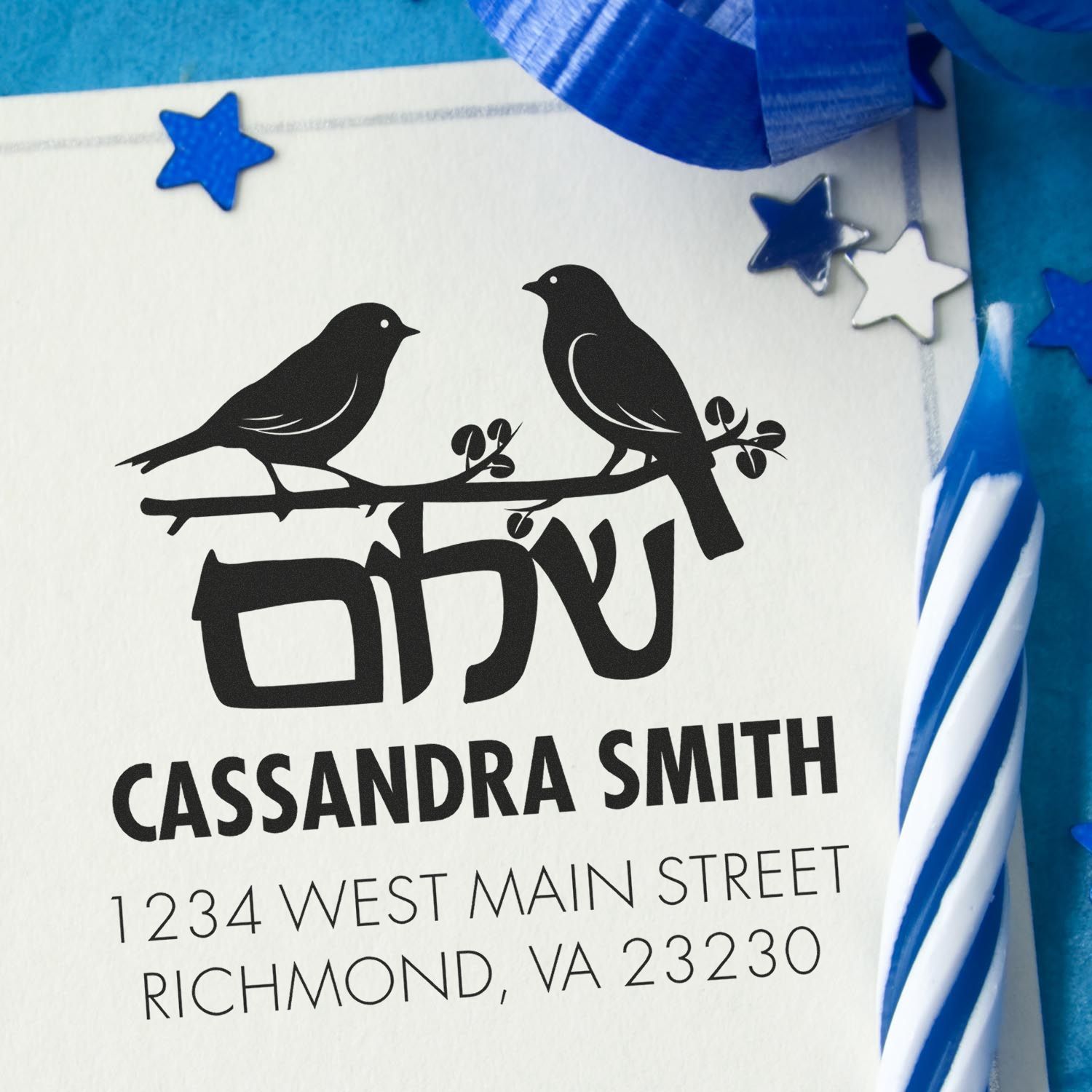Custom rubber address stamp with birds for Cassandra Smith, 1234 West Main Street, Richmond, VA 23230
