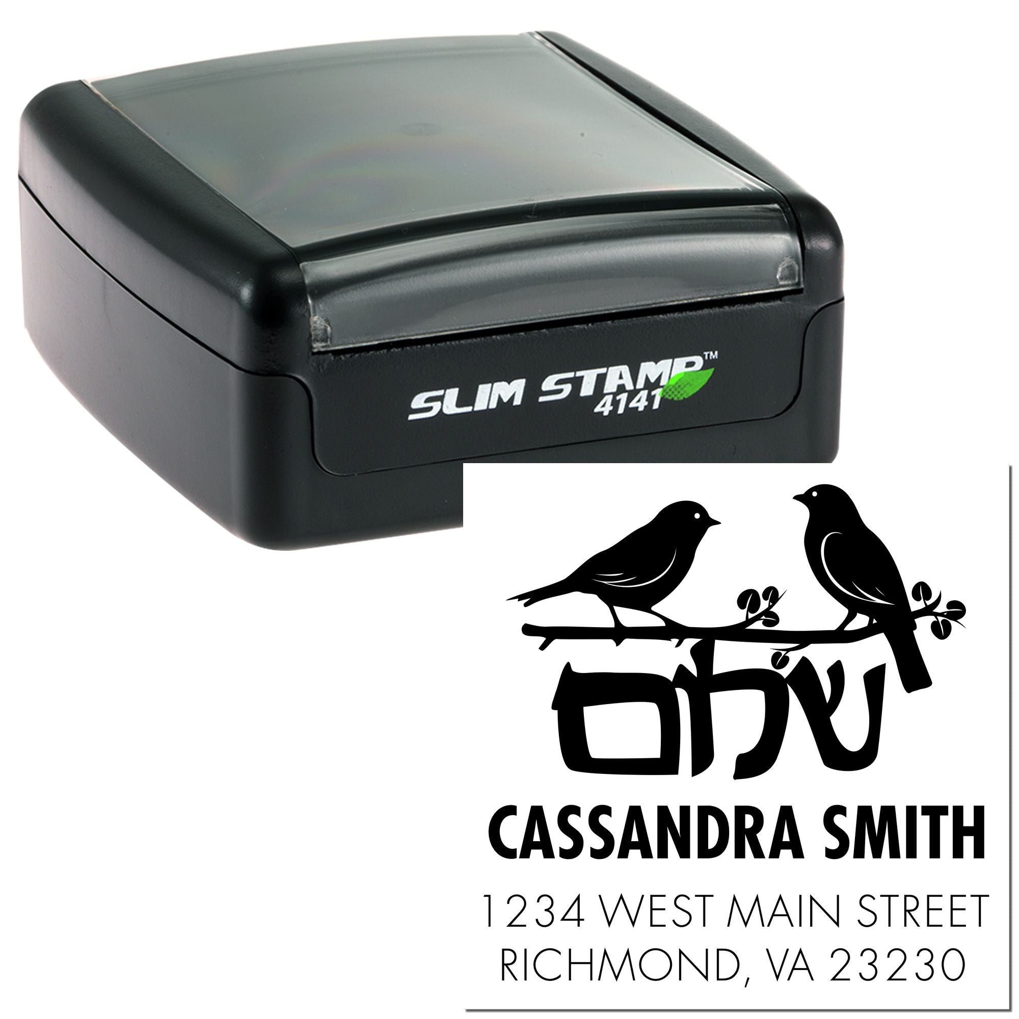 Custom self-inking rubber return address stamp, Slim Stamp 4141, with bird design and personalized name and address.