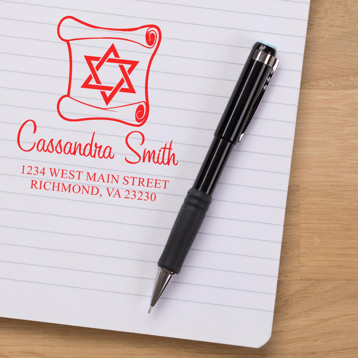 Custom return address rubber stamp with name, address and Star of David design for personalized stationery