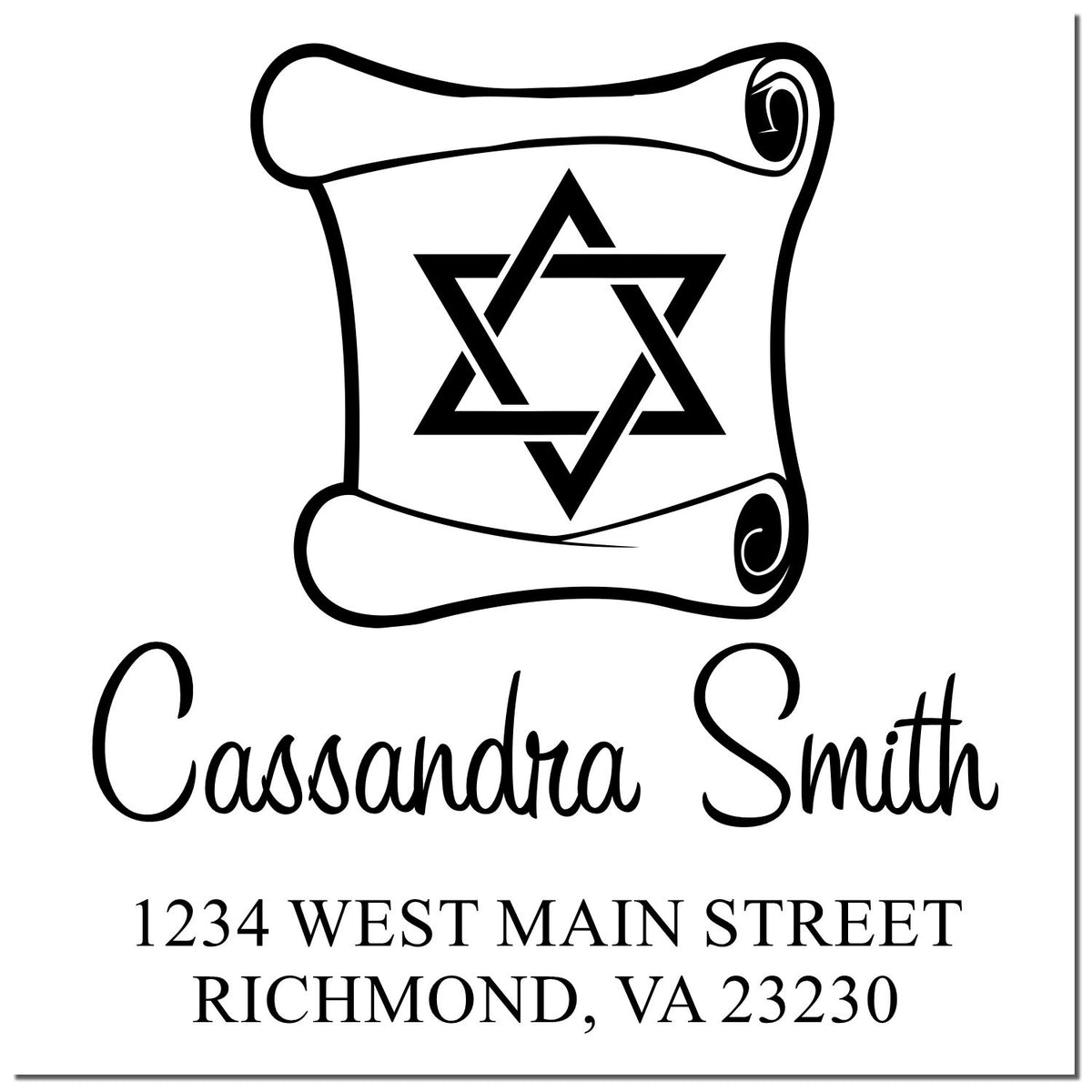Personalized return address rubber stamp with Star of David, Cassandra Smith, and 1234 West Main Street, Richmond, VA 23230.