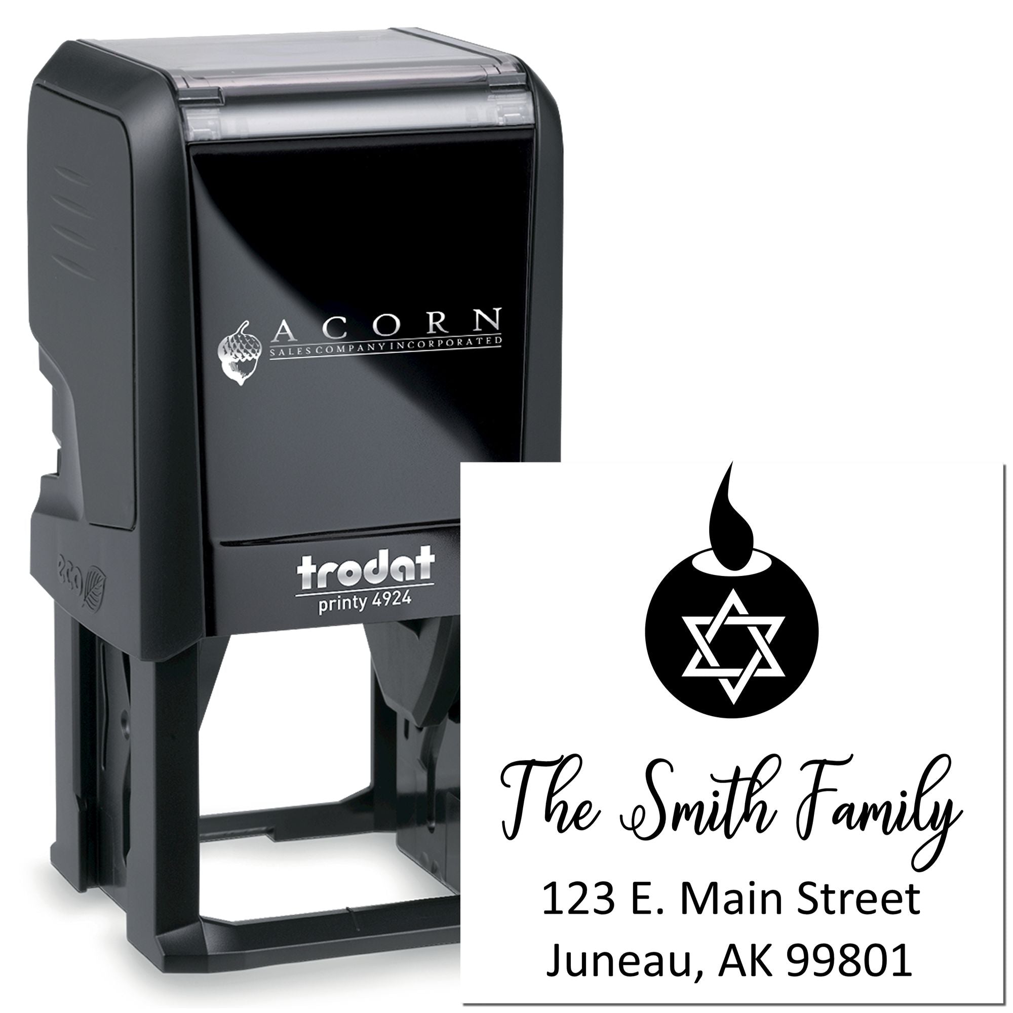 Custom self-inking rubber stamp with Star of David design and family address for personalized mailing and religious labeling.