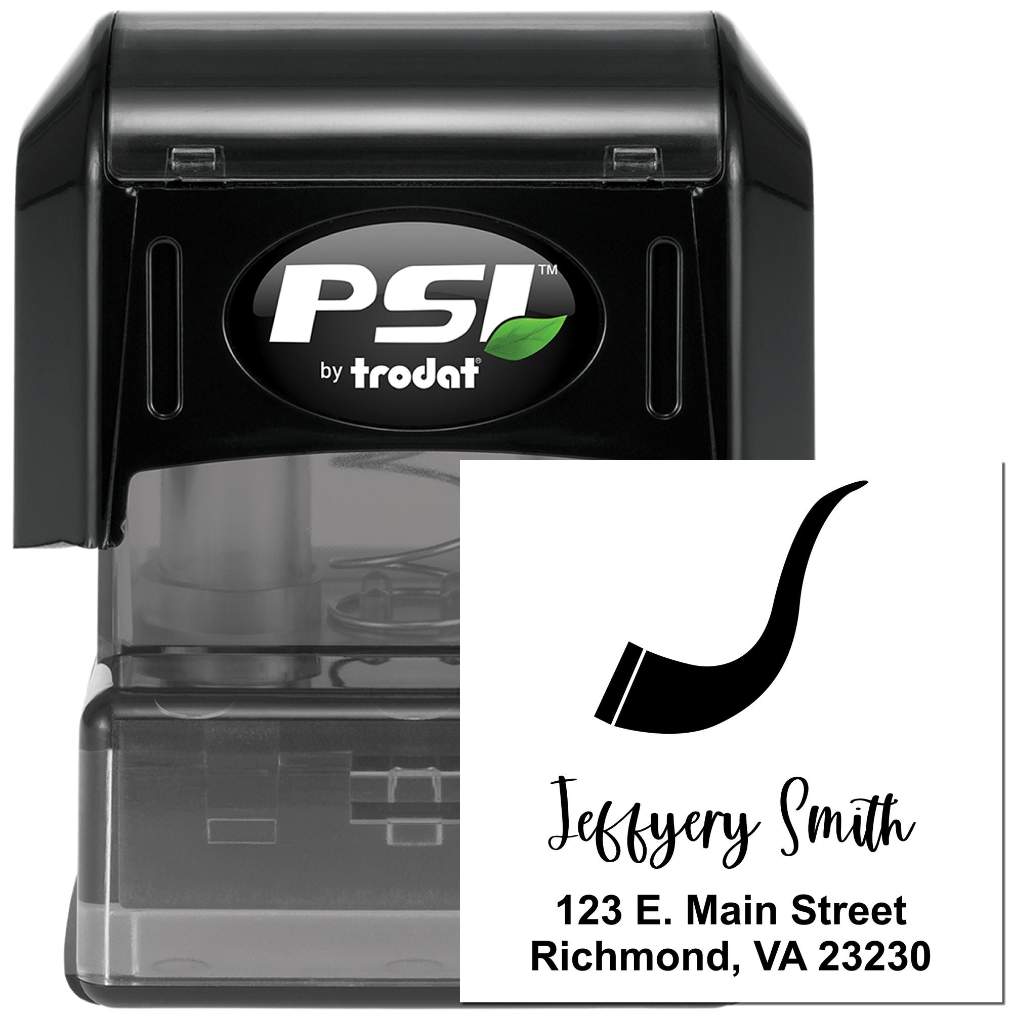 Custom self-inking rubber stamp by PSI Trodat for return addresses, names, and logo imprint on envelopes and packaging.