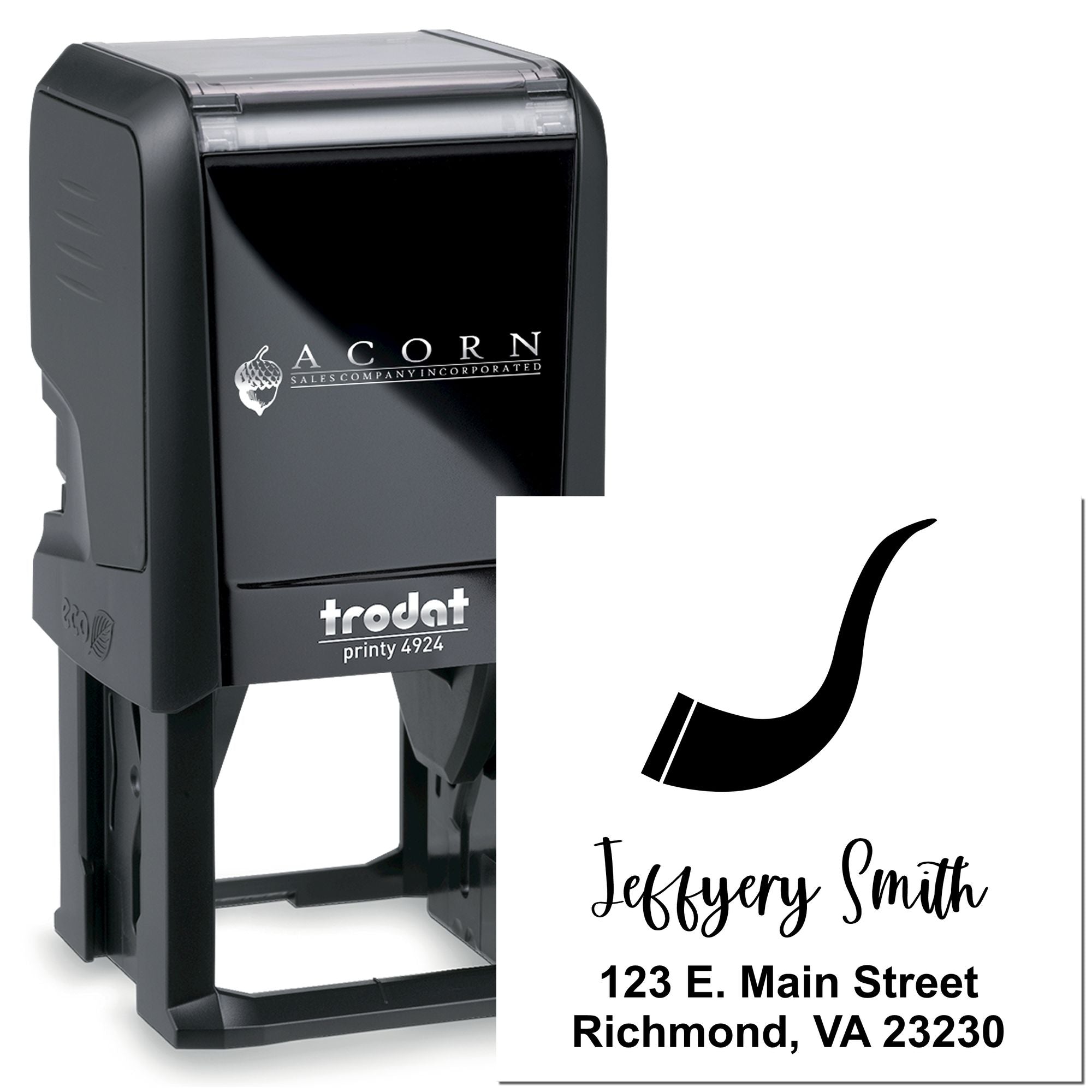 Custom self-inking address rubber stamp for Jeffrey Smith, featuring name and Richmond, VA return address.