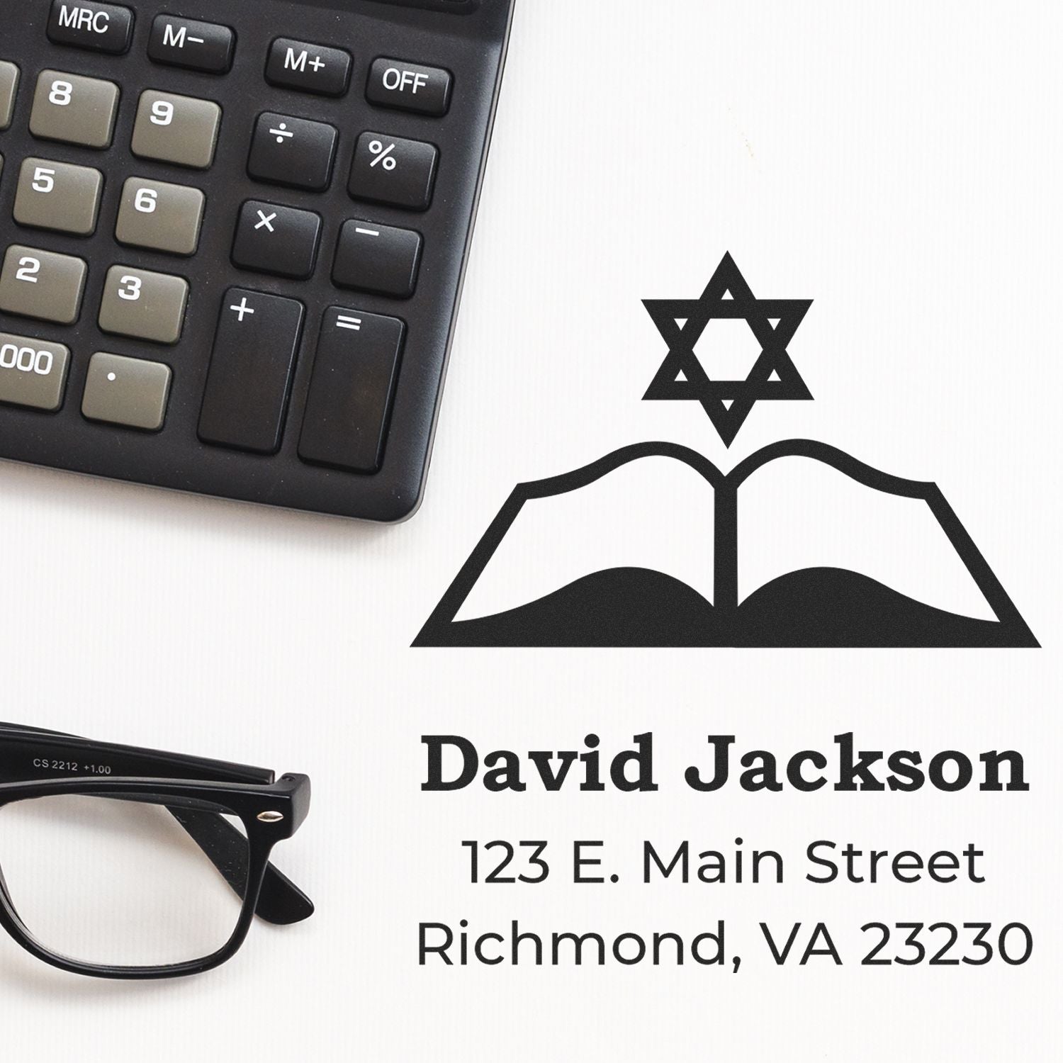 Custom return address rubber stamp with Star of David logo, name, and Richmond, VA address mockup.
