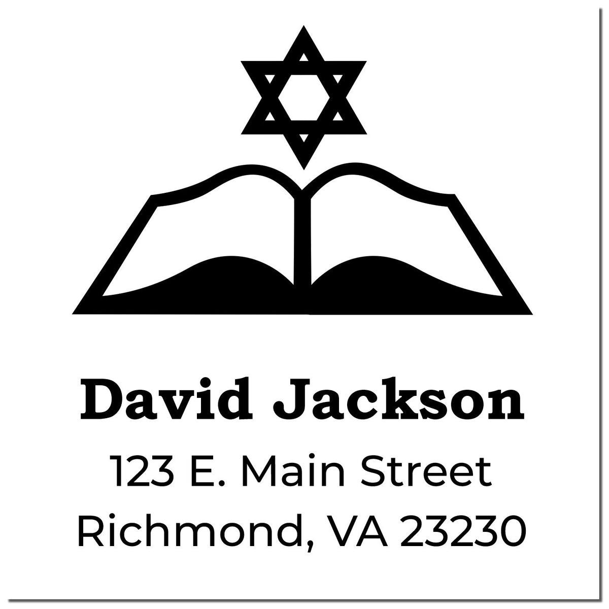 Custom return address rubber stamp with Star of David, open book icon, and David Jackson, 123 E. Main Street, Richmond, VA 23230.