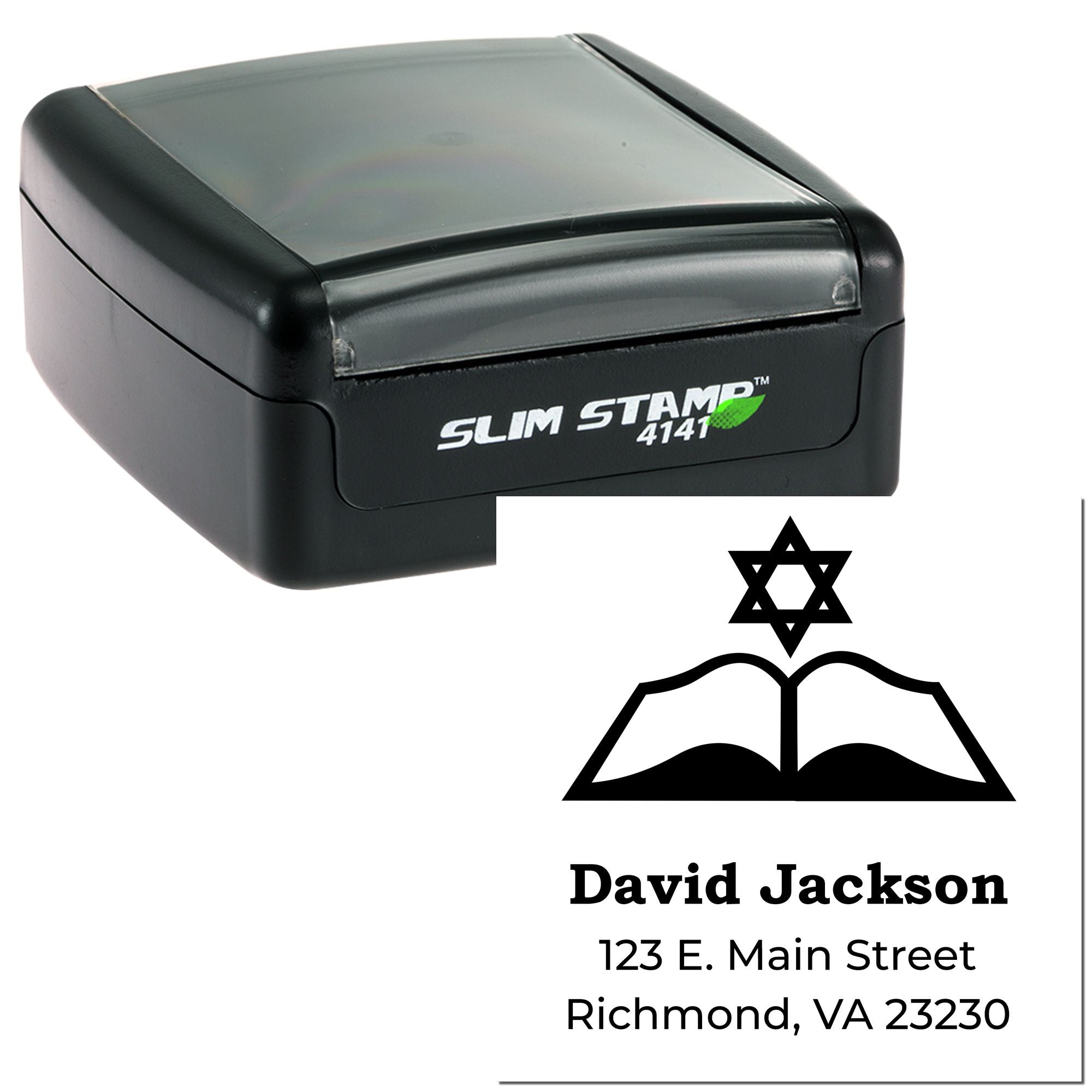 Custom self-inking return address rubber stamp with Star of David design and David Jackson address.