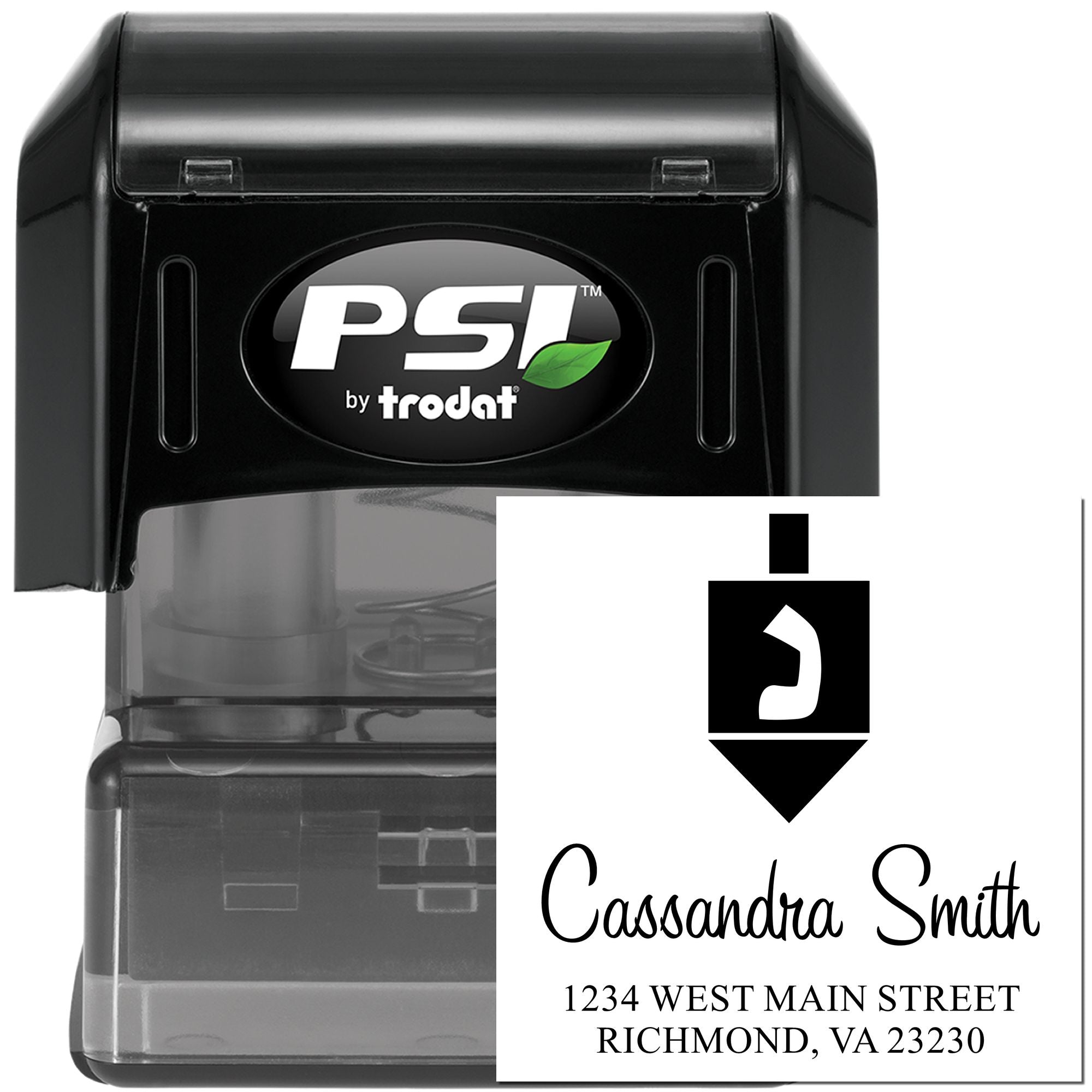 Custom address rubber stamp by PSI Trodat with name and Richmond, VA return address imprint for mailing.