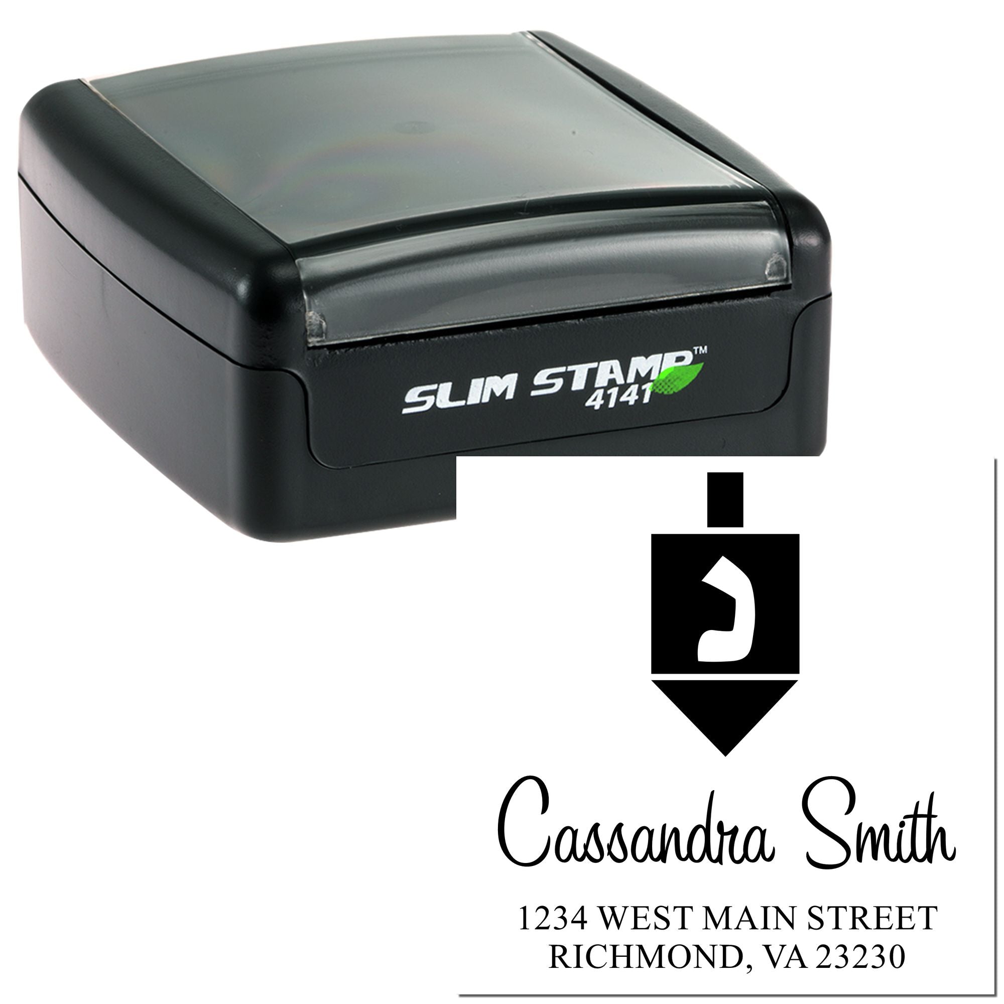 Custom self-inking slim stamp with return address design for Cassandra Smith, Richmond, VA 23230, ideal for mailing.