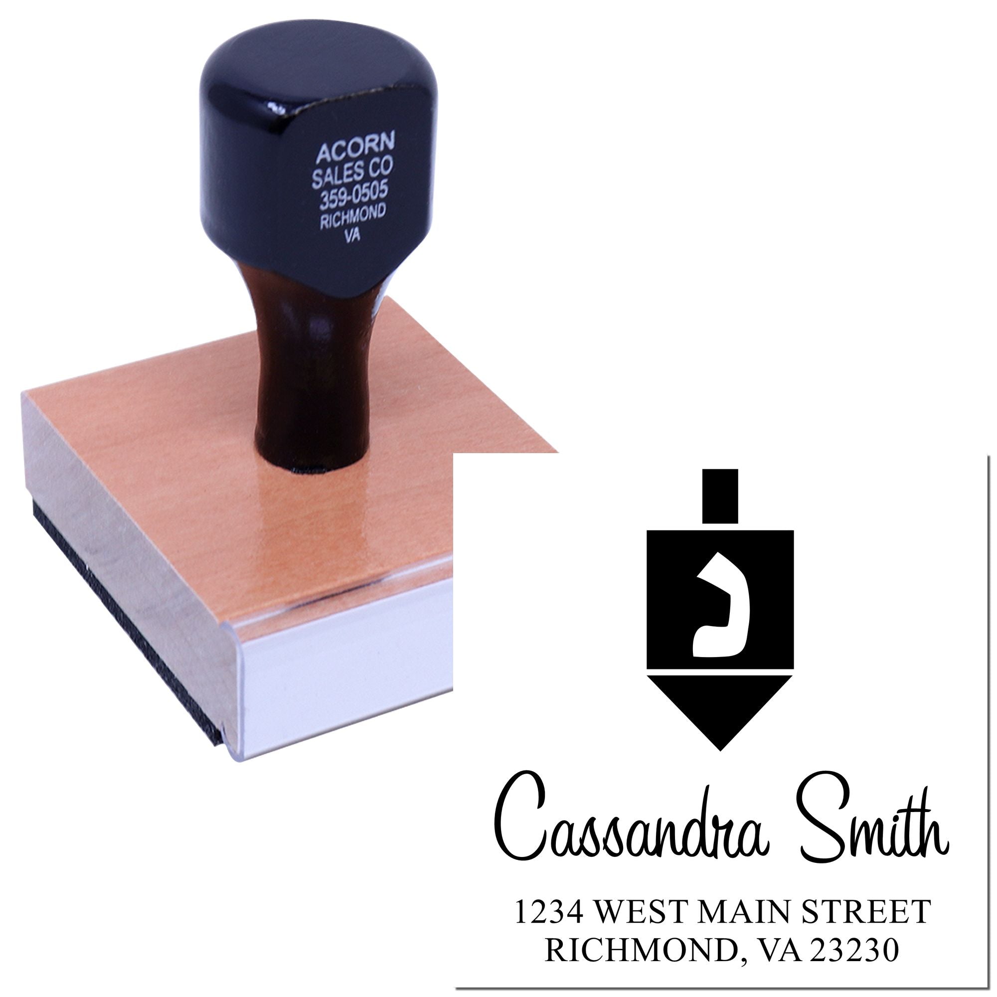 Custom return address rubber stamp with Cassandra Smith name and Richmond, VA address for mailing and business correspondence.