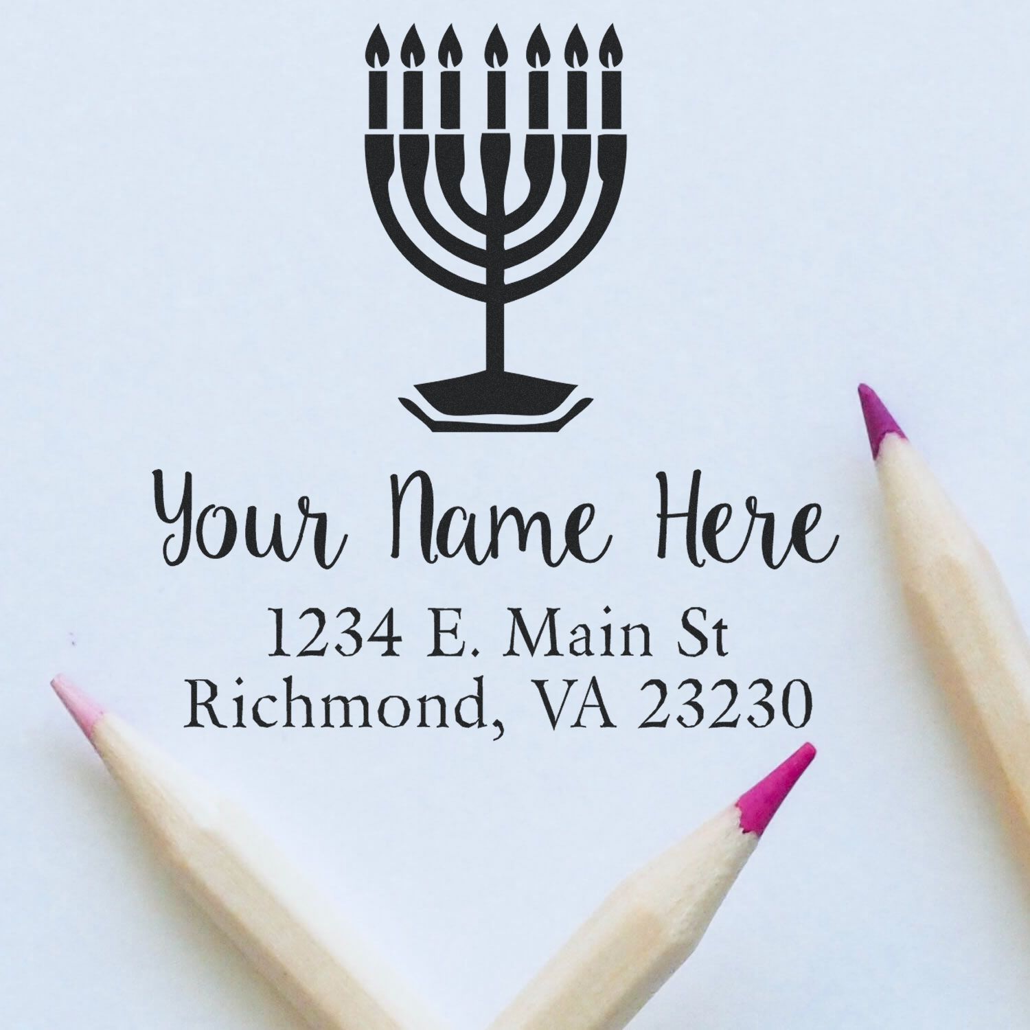 Custom menorah address rubber stamp with name and return address for Jewish holiday cards