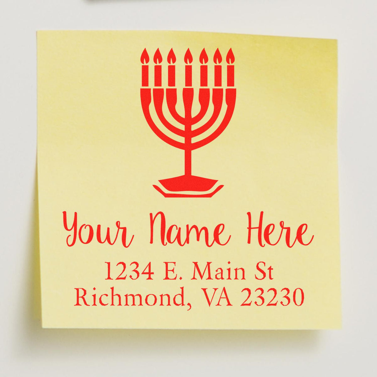 Custom menorah address rubber stamp with name and Richmond, VA return address for Jewish holiday stationery