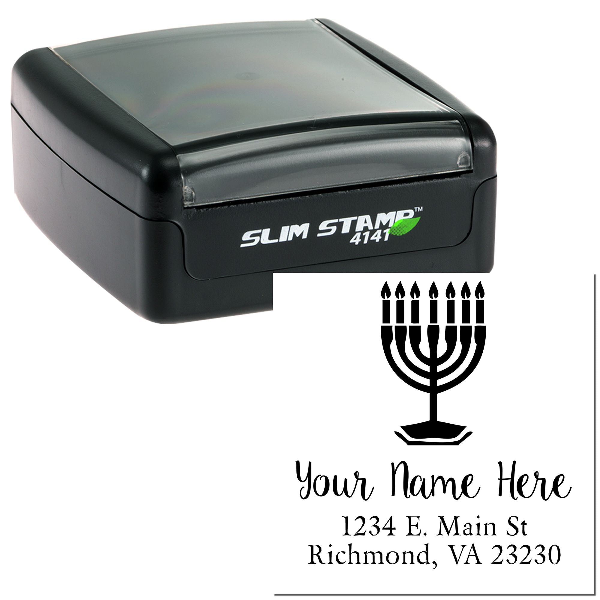 Custom menorah return address rubber stamp with self-inking Slim Stamp case and personalized name and address